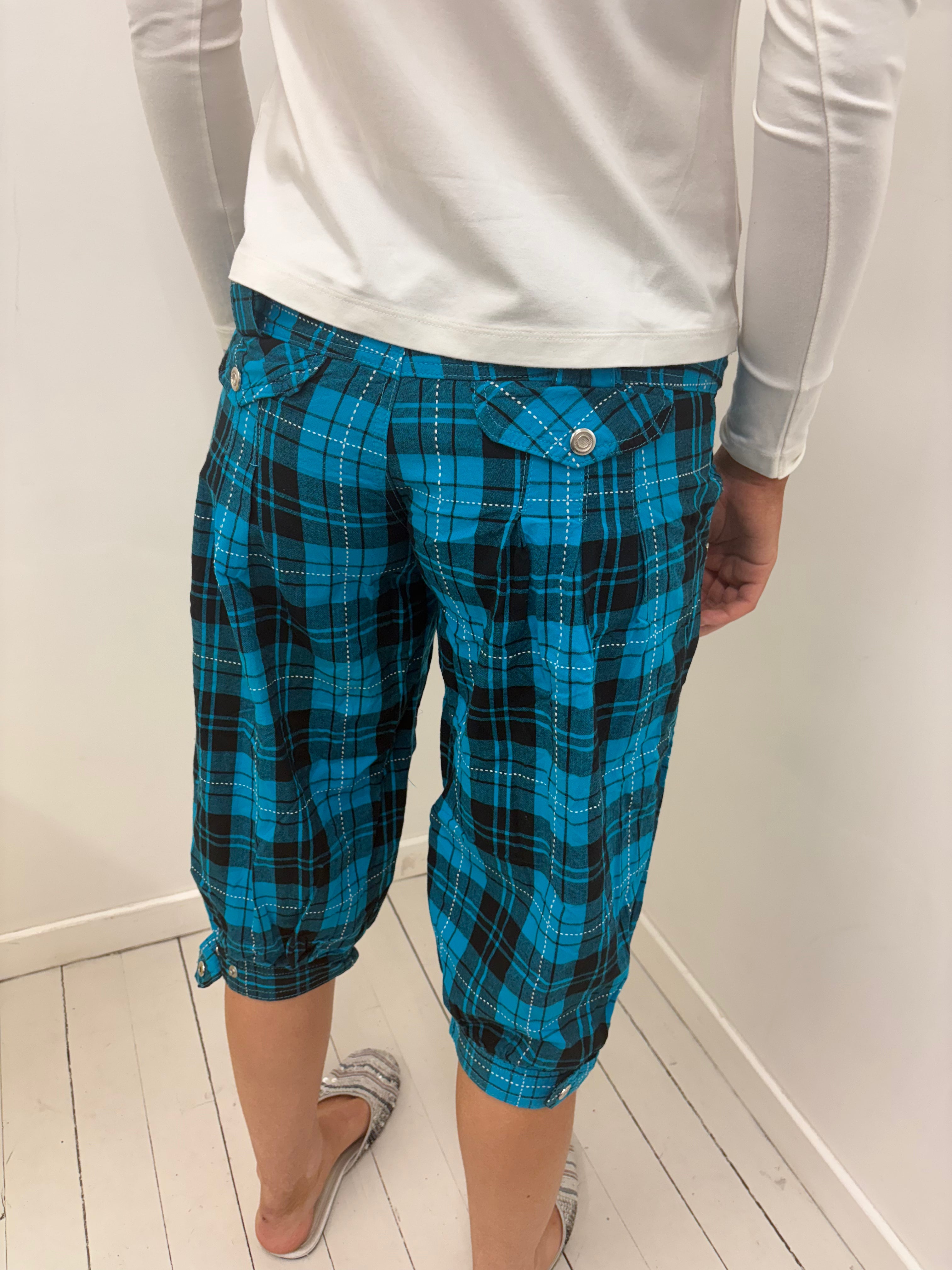 Blue Plaid Cargo Capris with Buckle Belt Detail