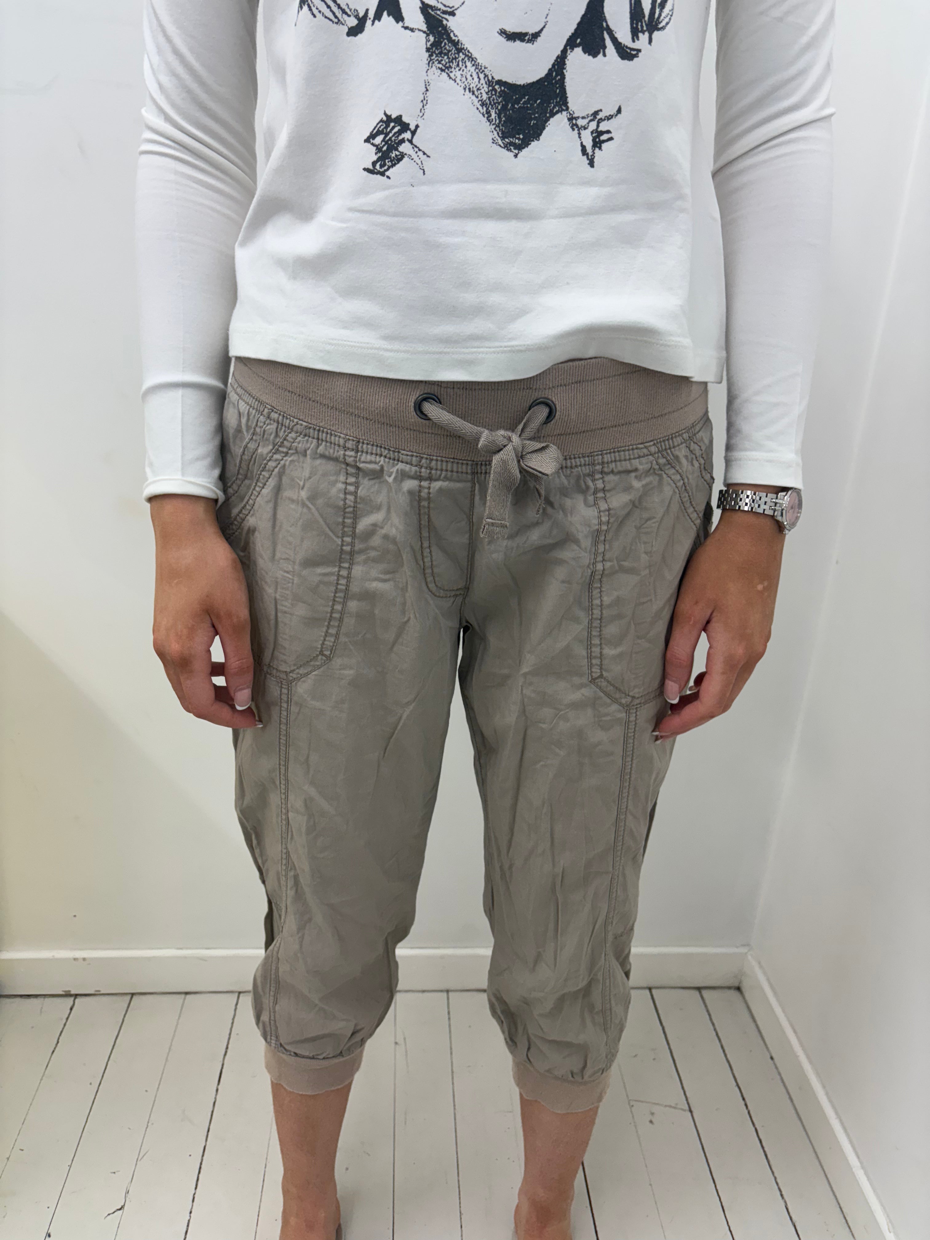 Taupe Cargo Capri Pants with Ribbed Drawstring Waist