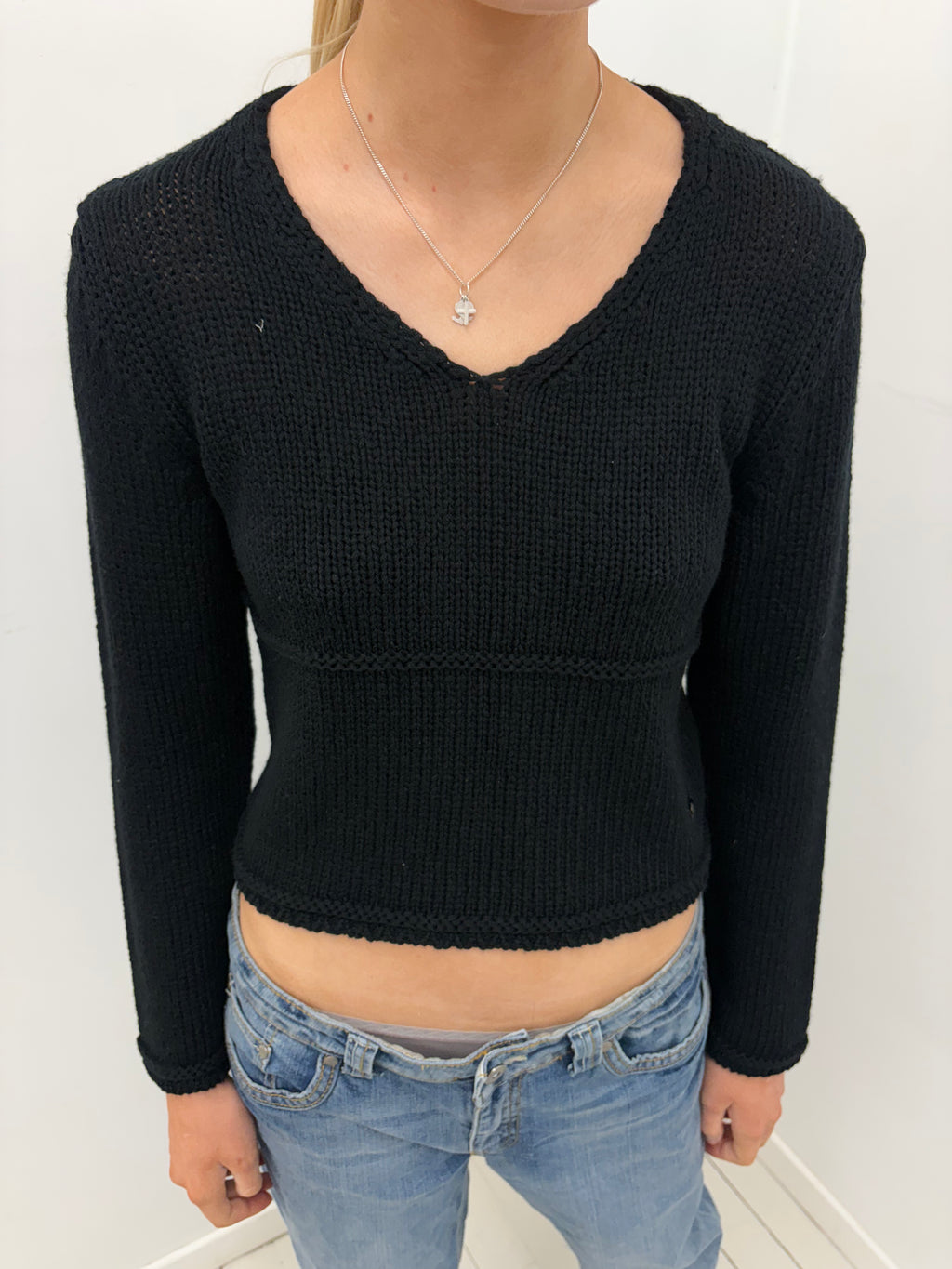 Black Ribbed Knit V-Neck Sweater