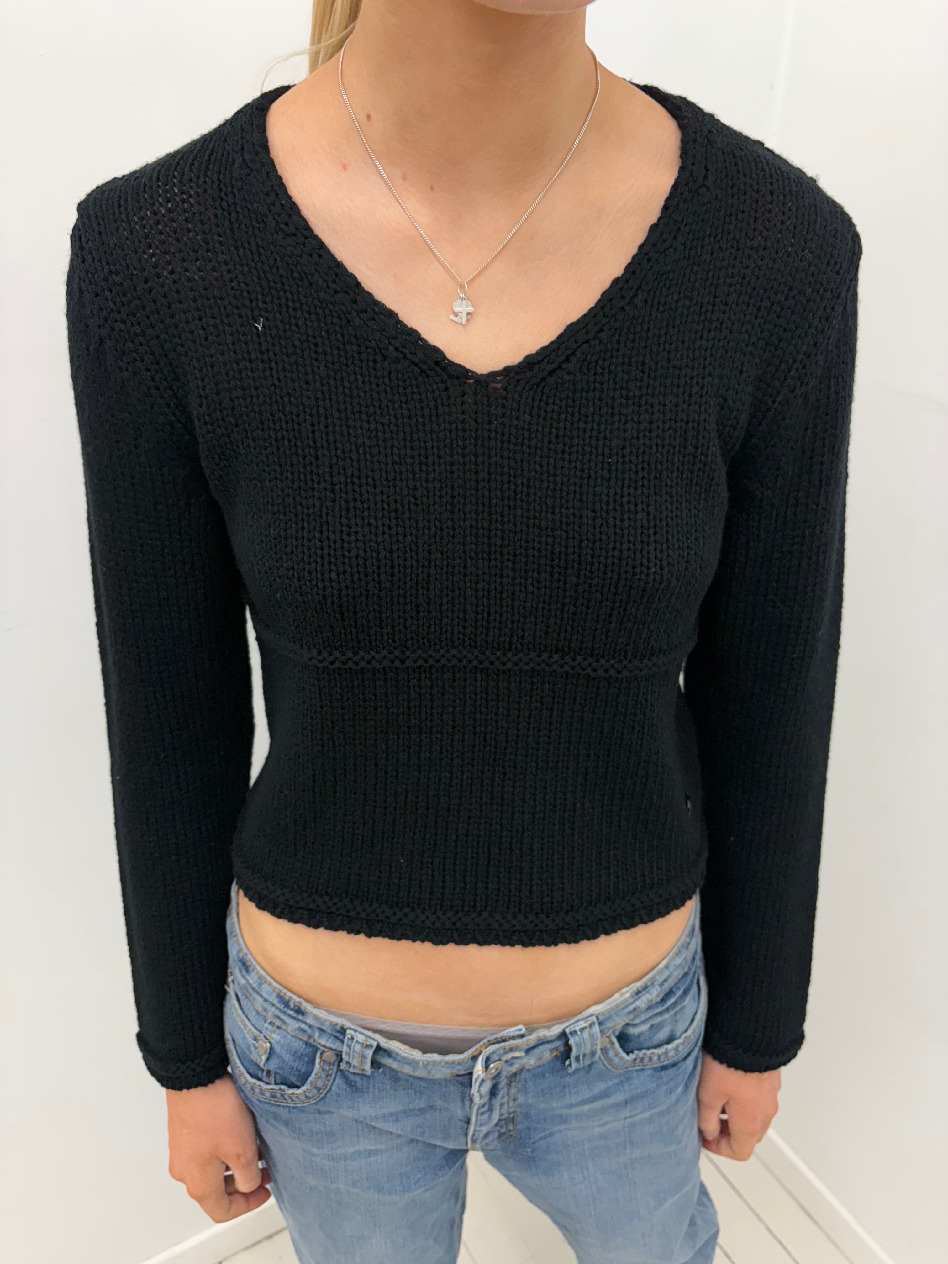 Black Ribbed Knit V-Neck Sweater