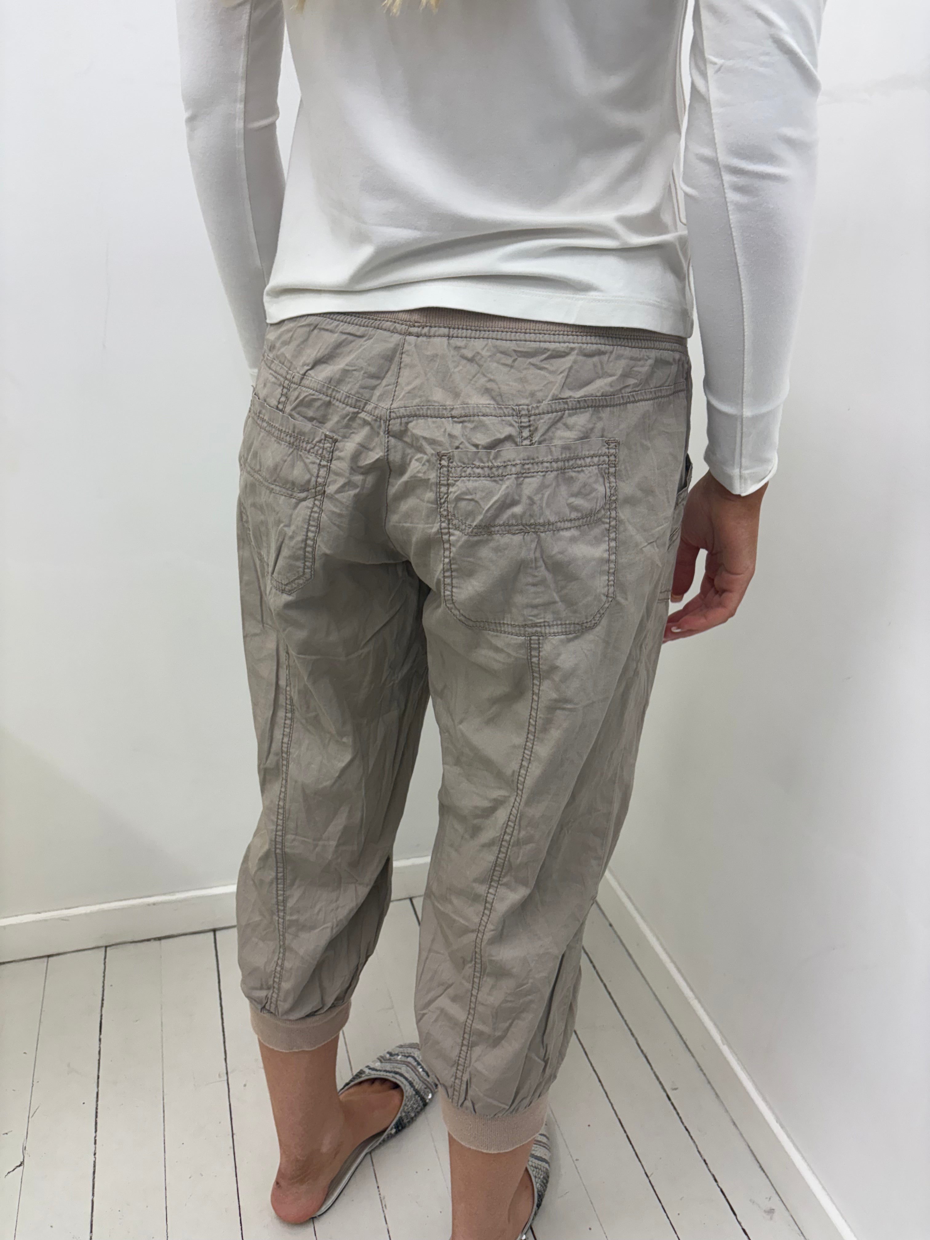 Taupe Cargo Capri Pants with Ribbed Drawstring Waist
