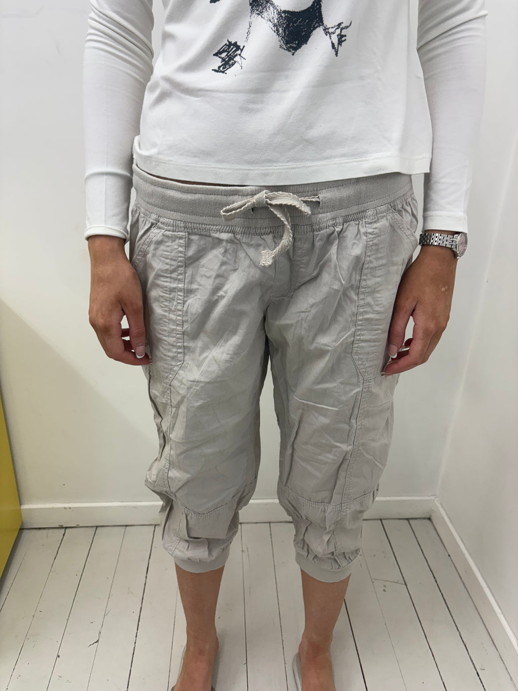 Light Grey Cargo Capri Pants with Drawstring Waist