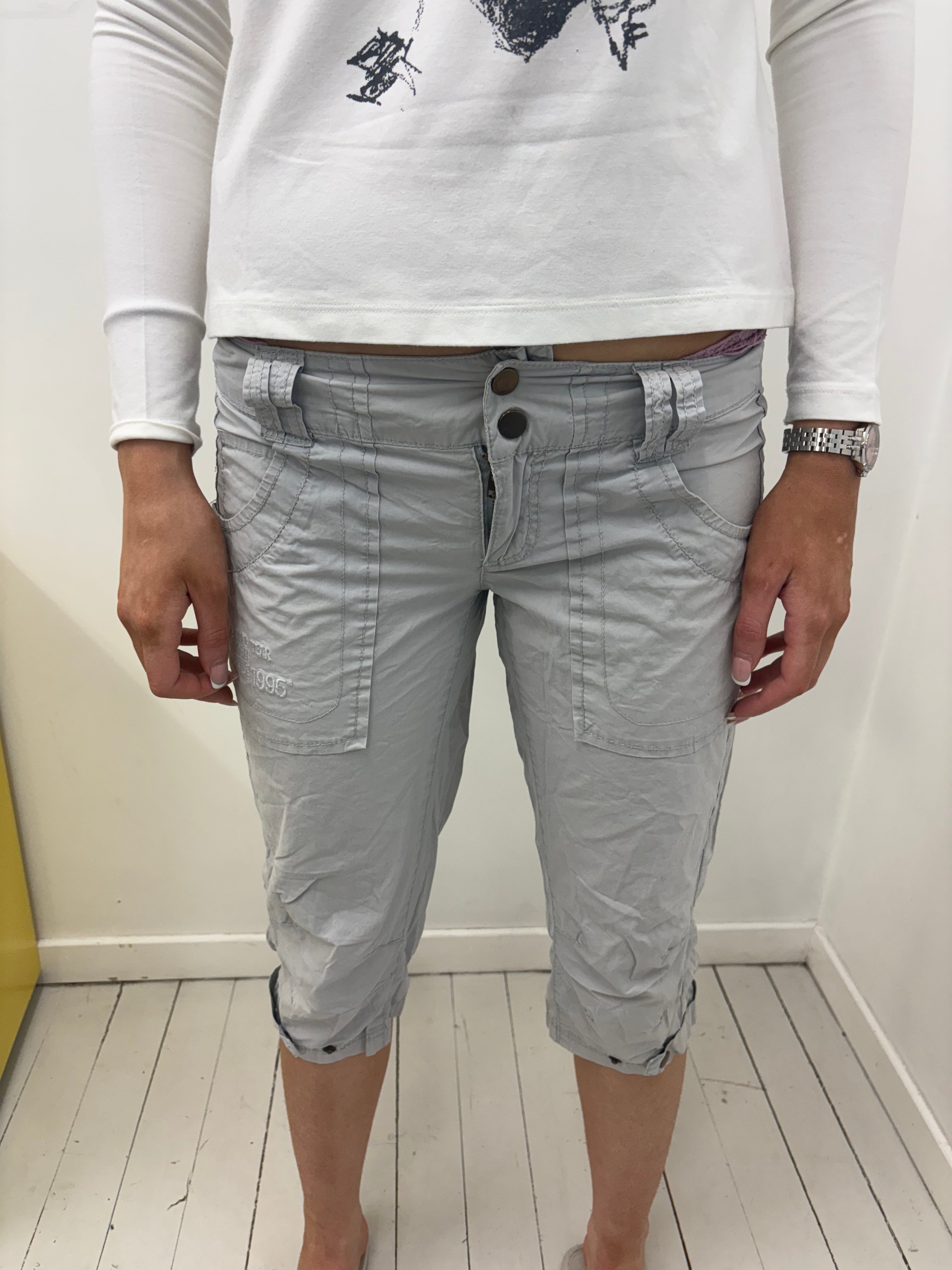 Grey Cargo Capri Pants with Snap Button Detail