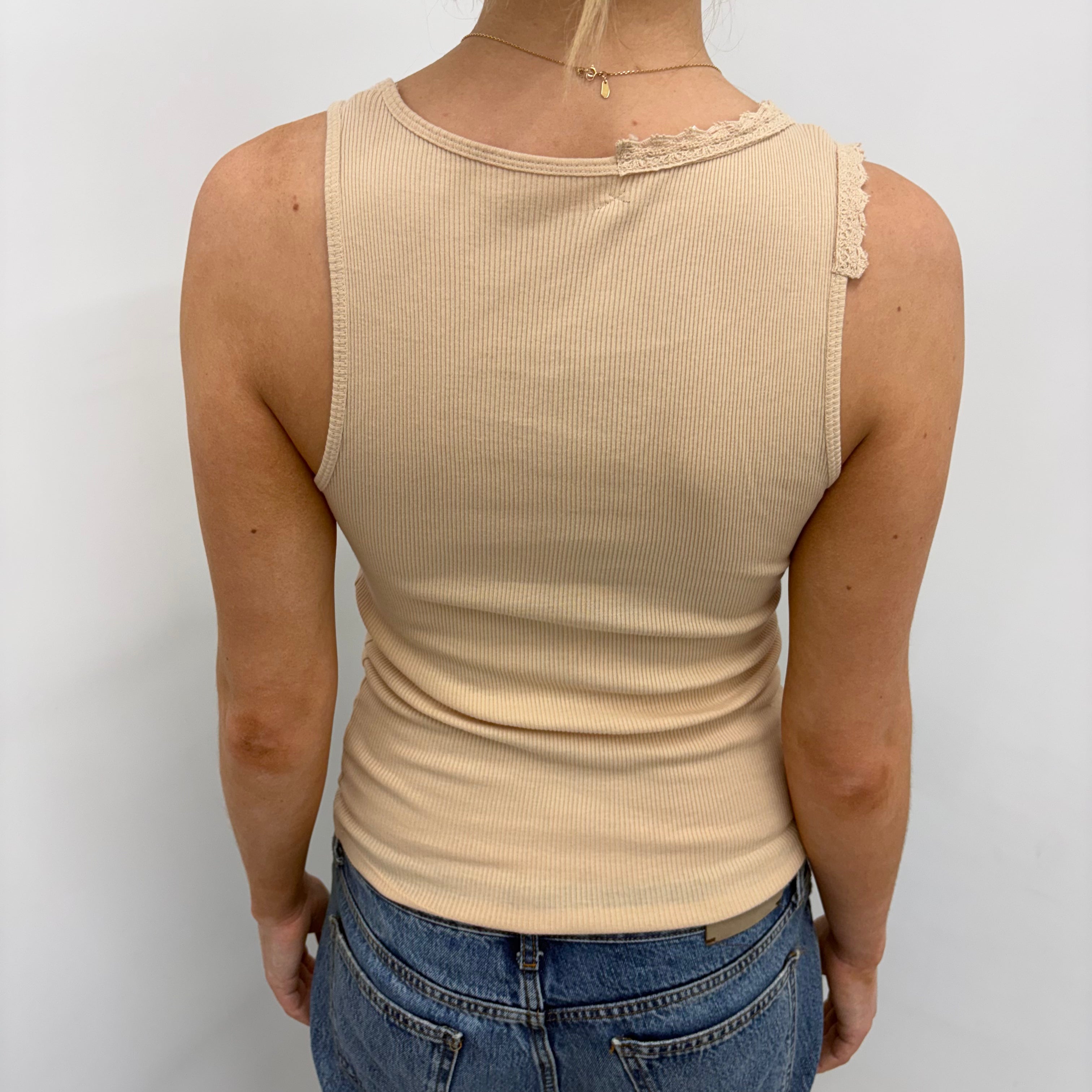 Beige Ribbed Tank Top with Lace Details