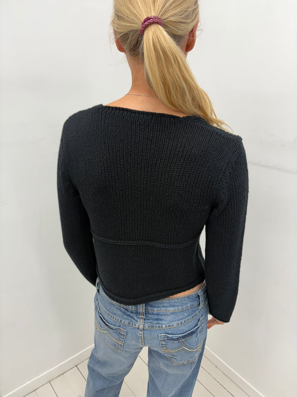 Black Ribbed Knit V-Neck Sweater