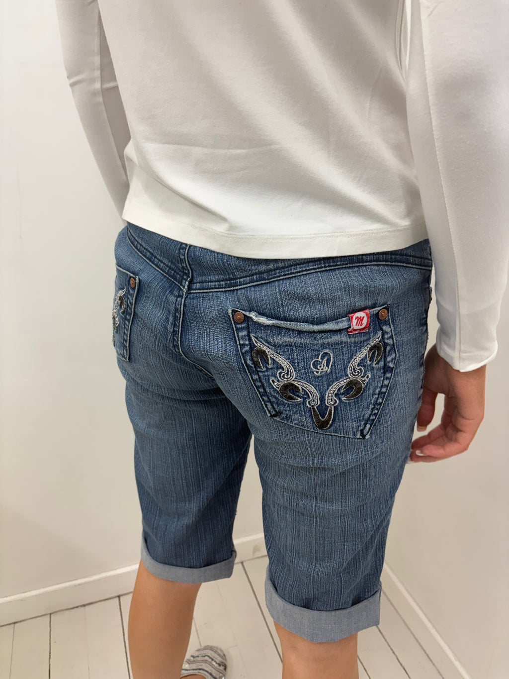 Cuffed Denim Shorts with Embroidered Back Pockets