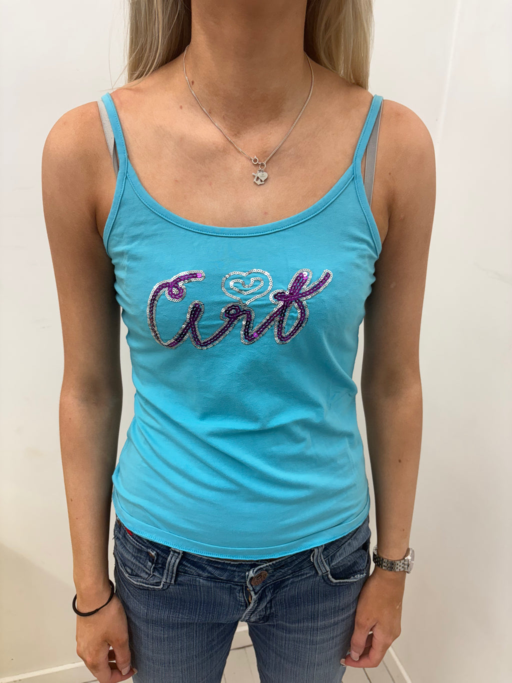 Turquoise Cami Tank with Sequin Script Detail
