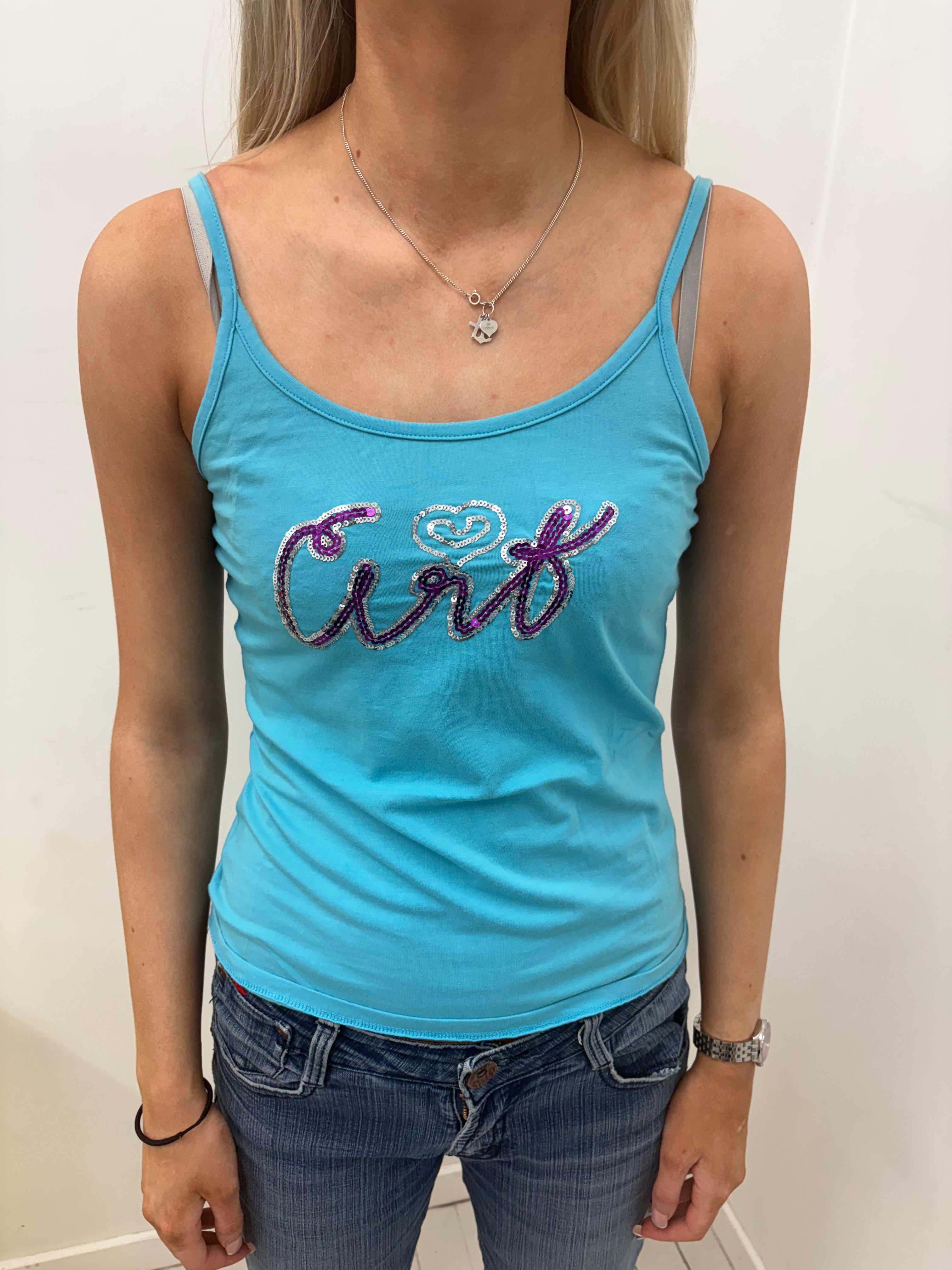 Turquoise Cami Tank with Sequin Script Detail