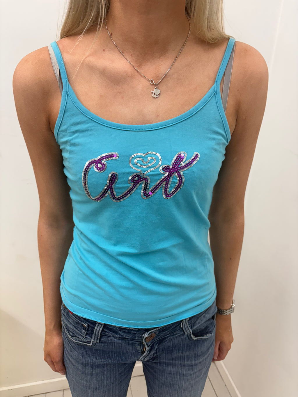 Turquoise Cami Tank with Sequin Script Detail