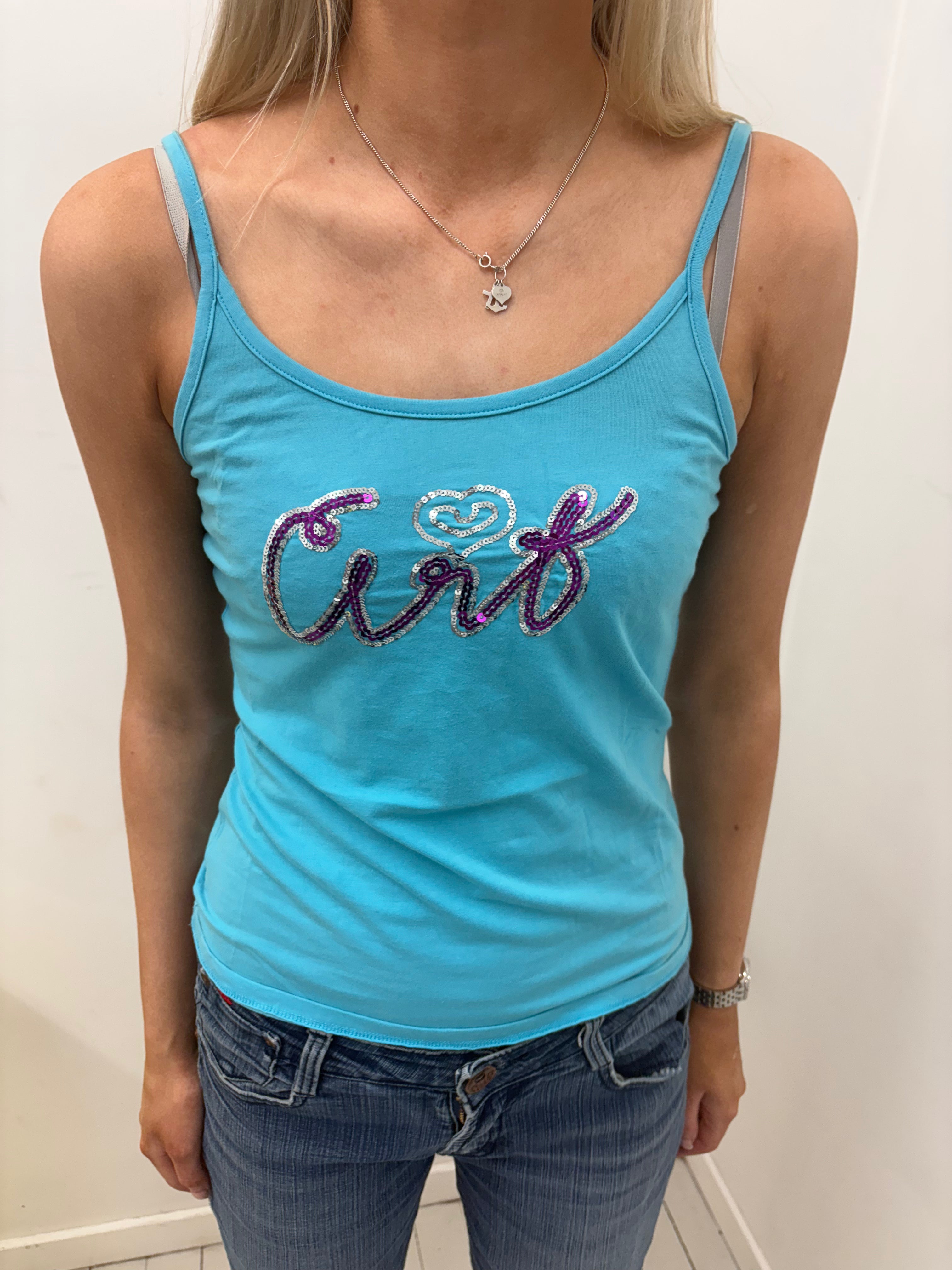 Turquoise Cami Tank with Sequin Script Detail