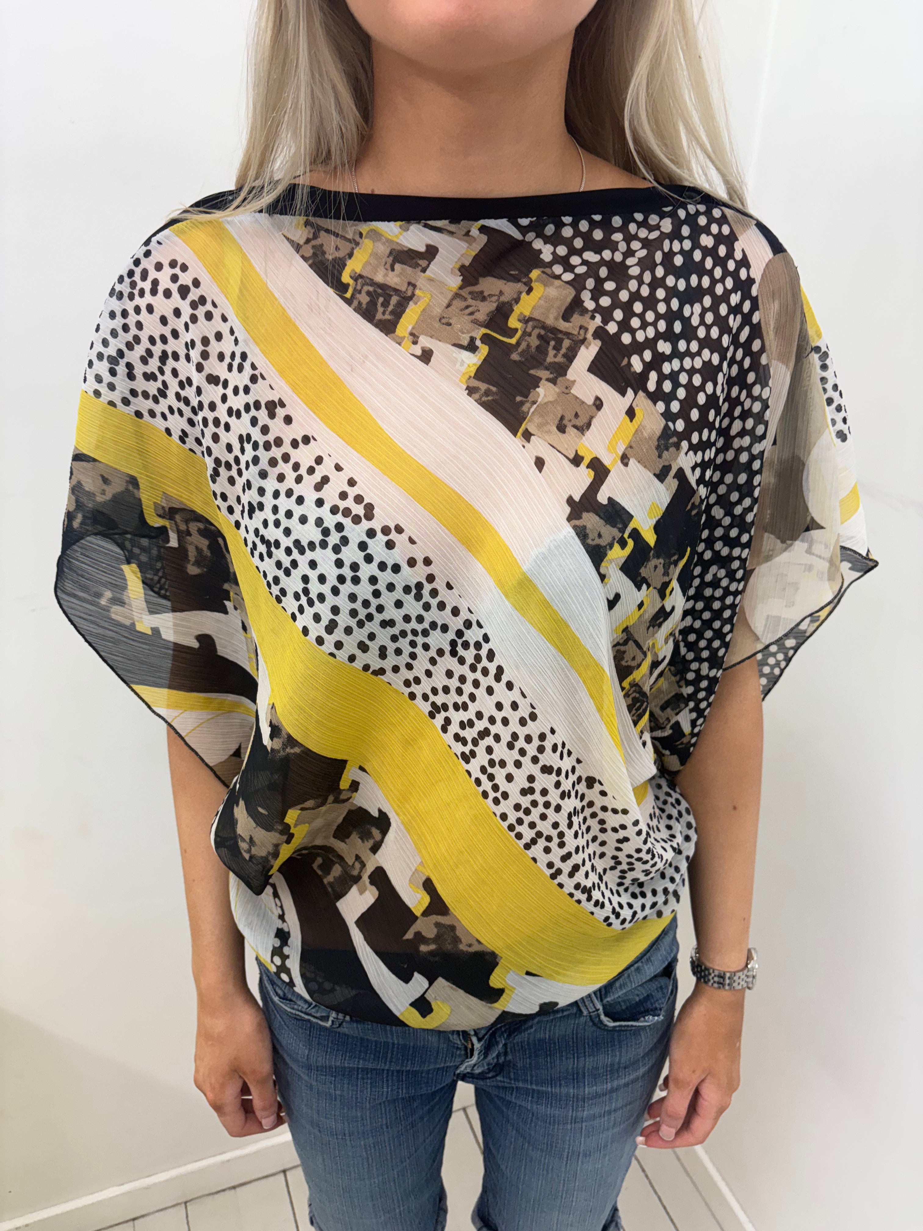 Sheer Mixed-Print Batwing Top in Yellow and Black