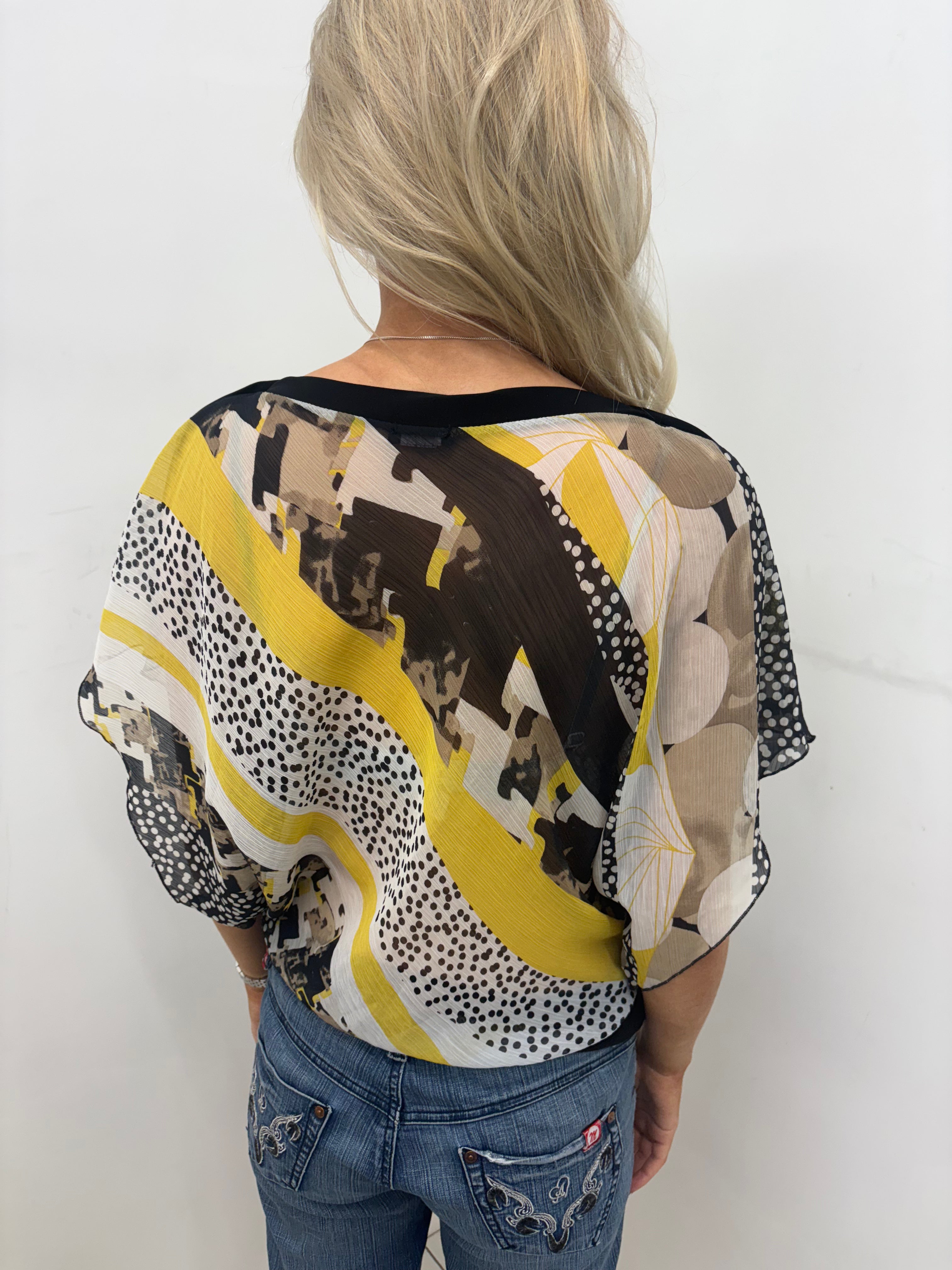 Sheer Mixed-Print Batwing Top in Yellow and Black