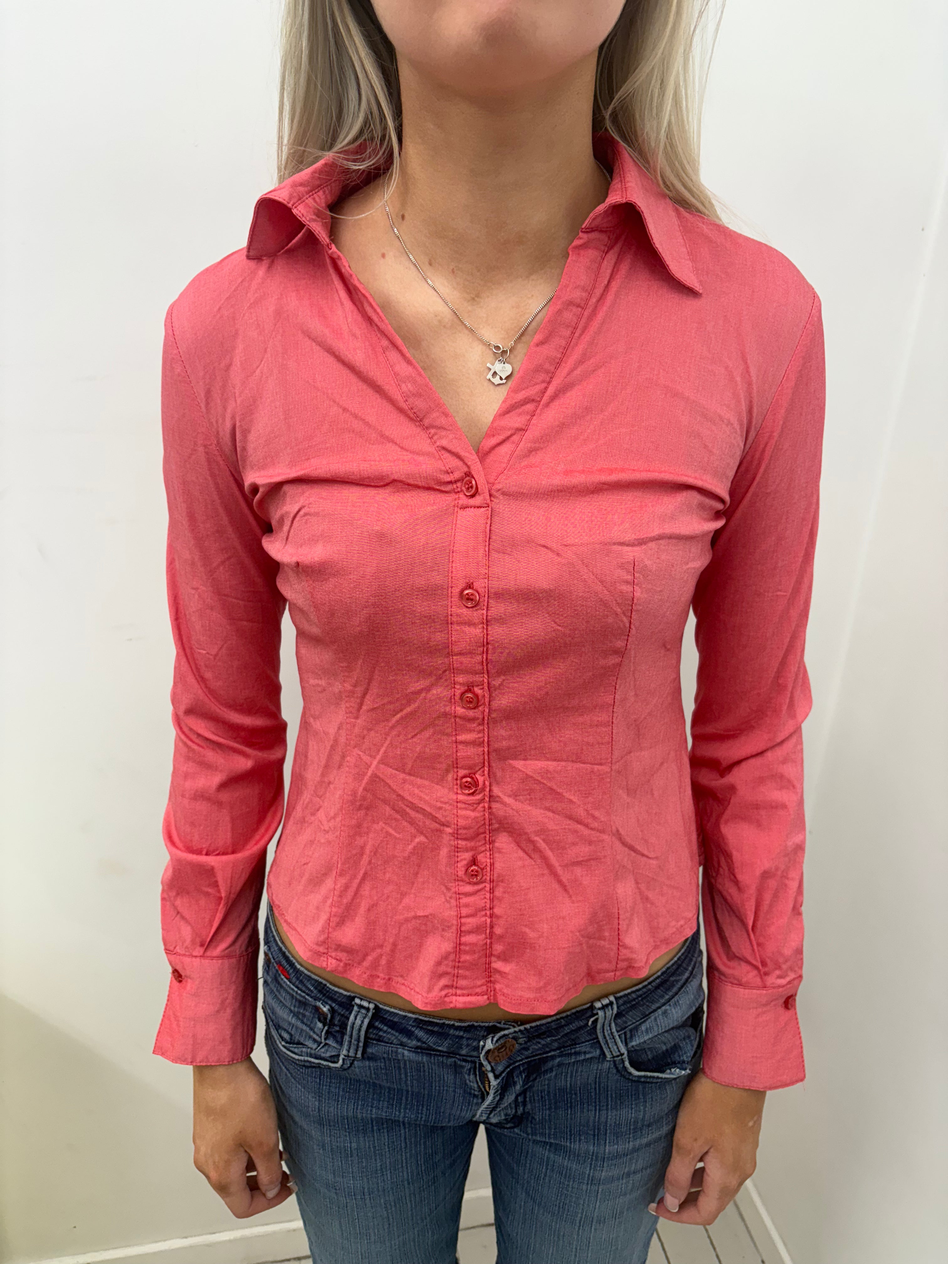 Coral Pink Fitted Button-Up Shirt with V-Neckline
