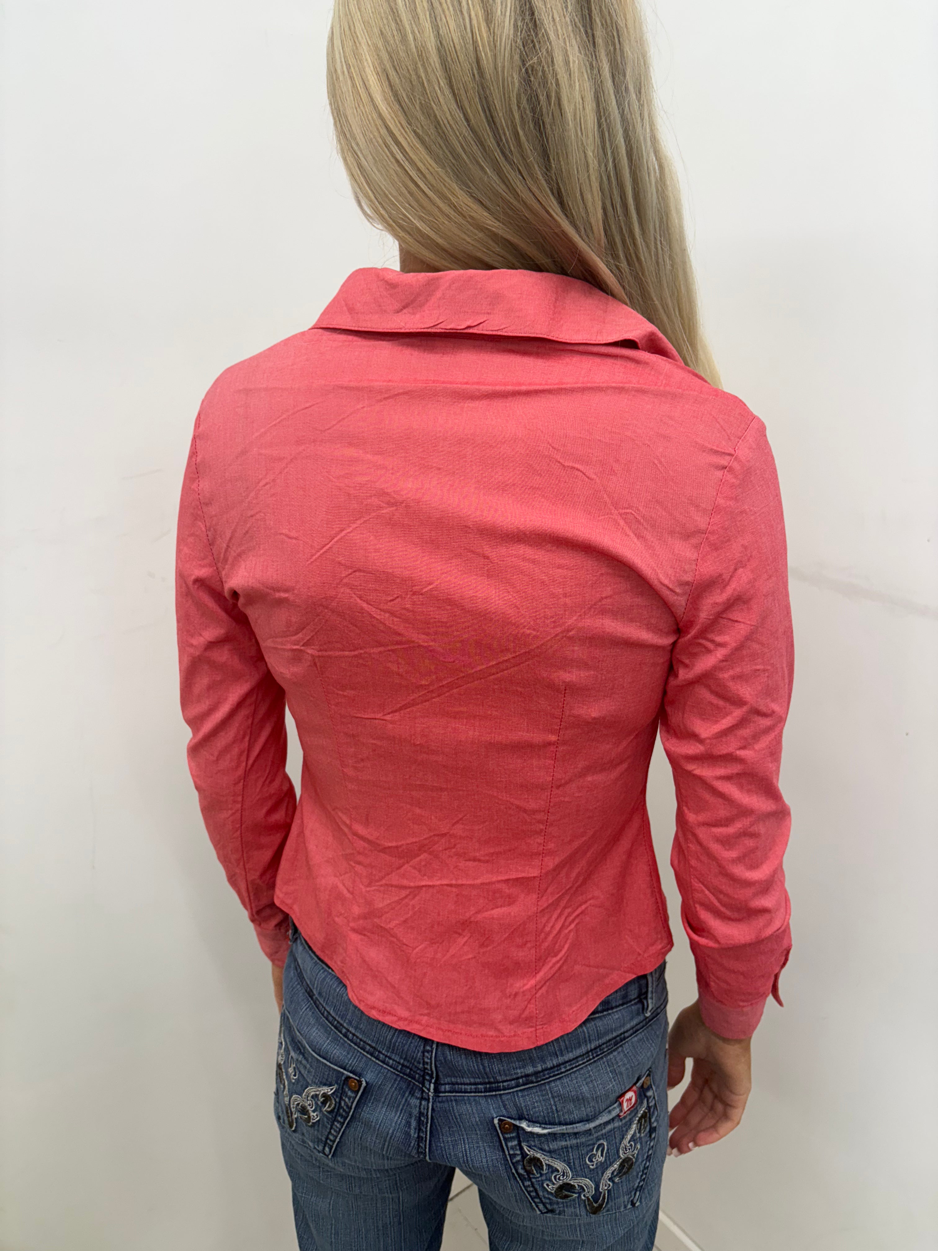 Coral Pink Fitted Button-Up Shirt with V-Neckline