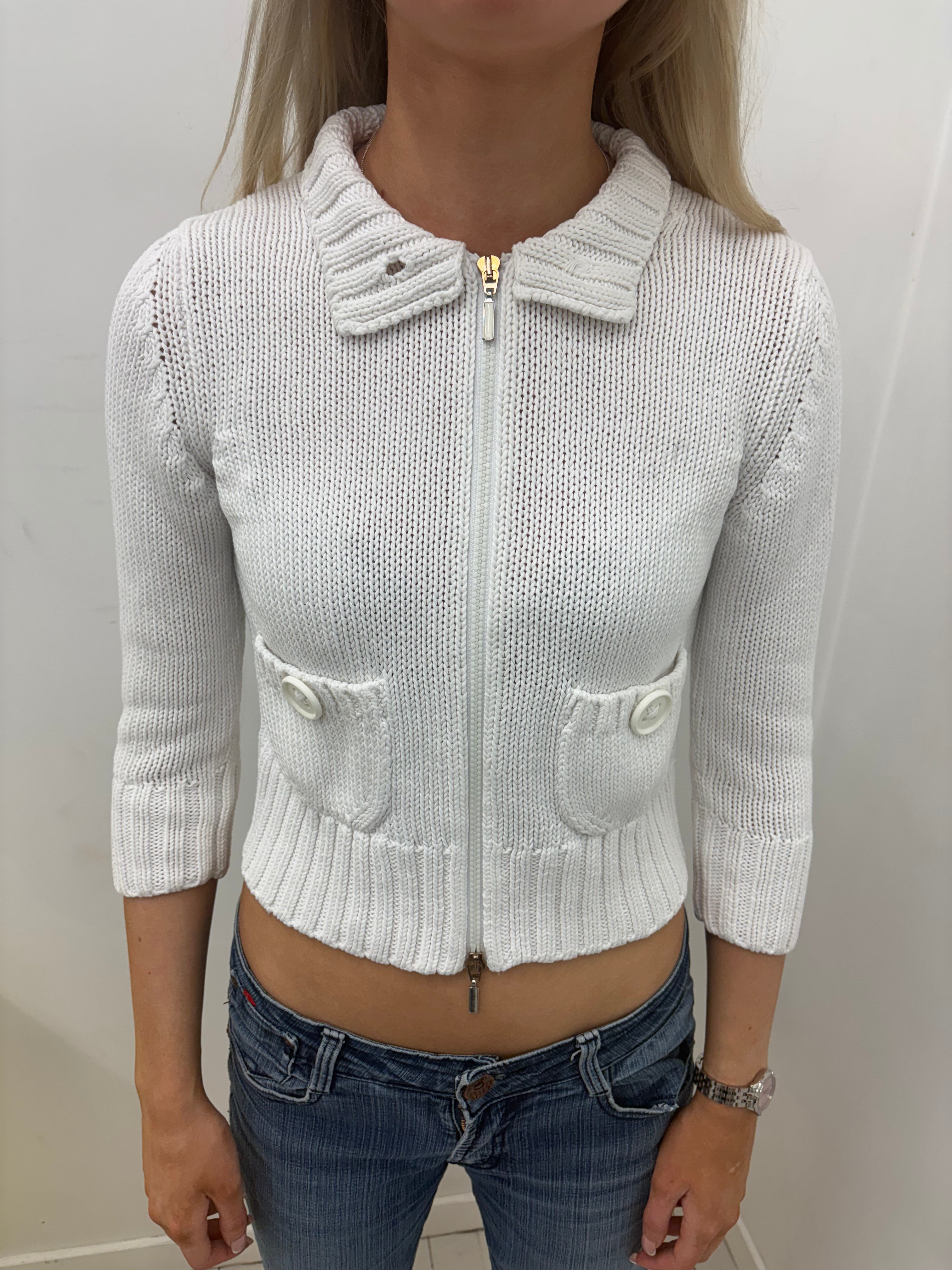 White Knit Zip-Up Cardigan with Pocket Detail