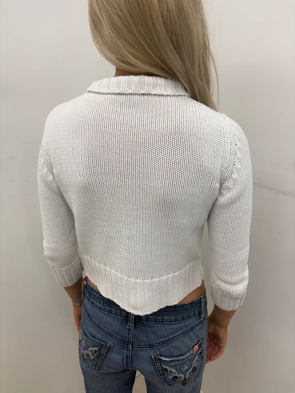 White Knit Zip-Up Cardigan with Pocket Detail