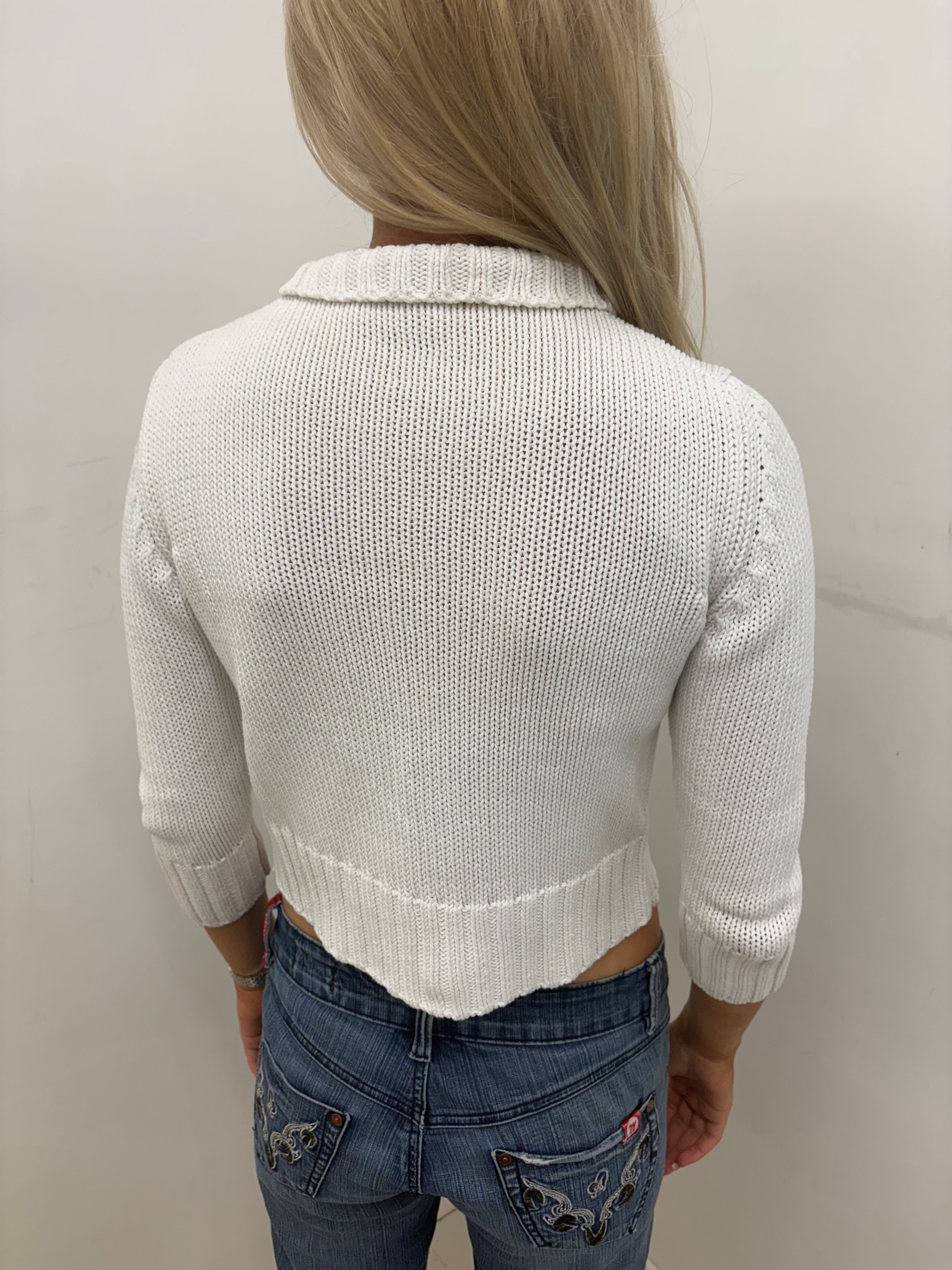 White Knit Zip-Up Cardigan with Pocket Detail