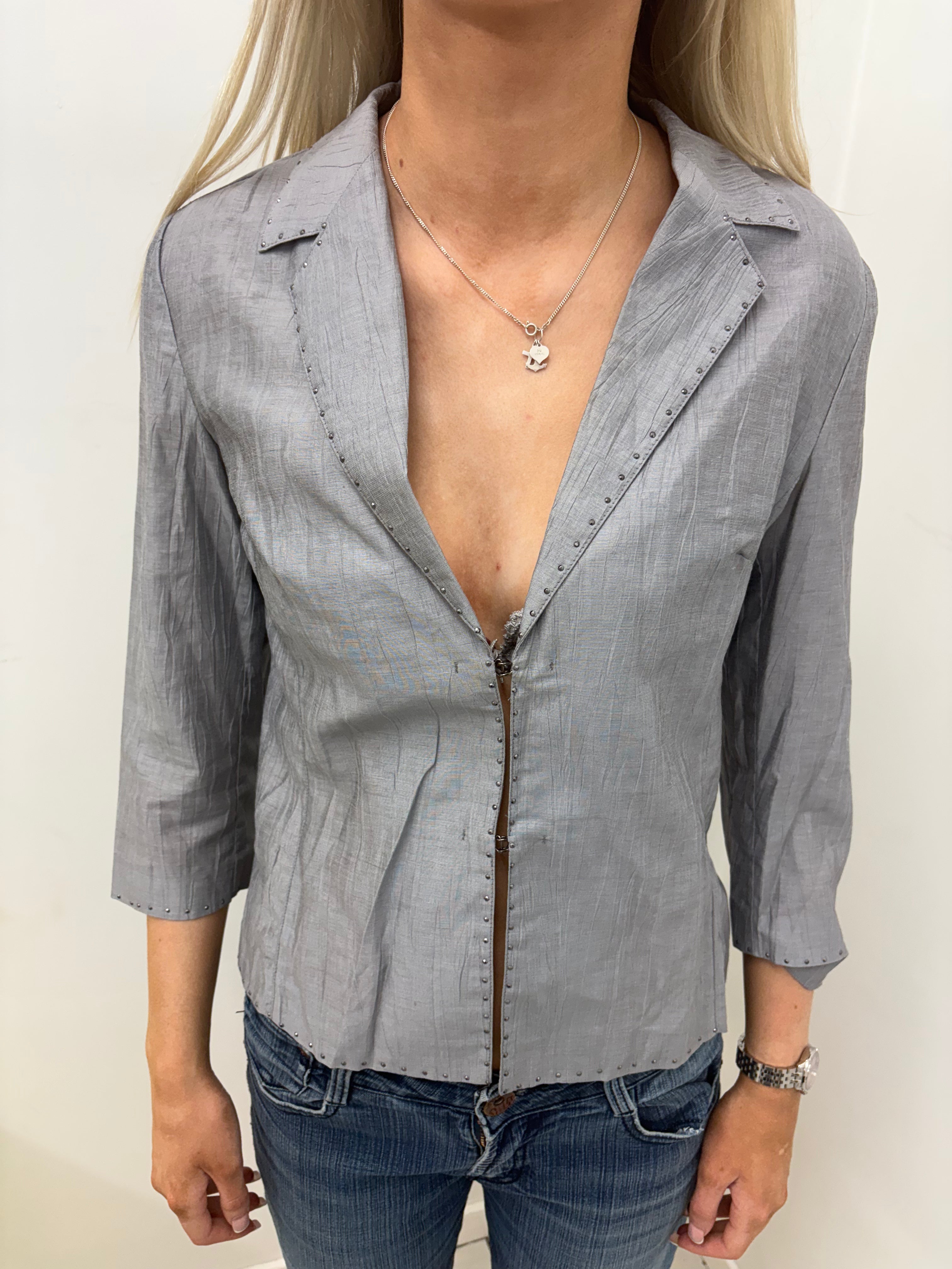 Grey Crinkled Hook-Front Top with Stud Trim