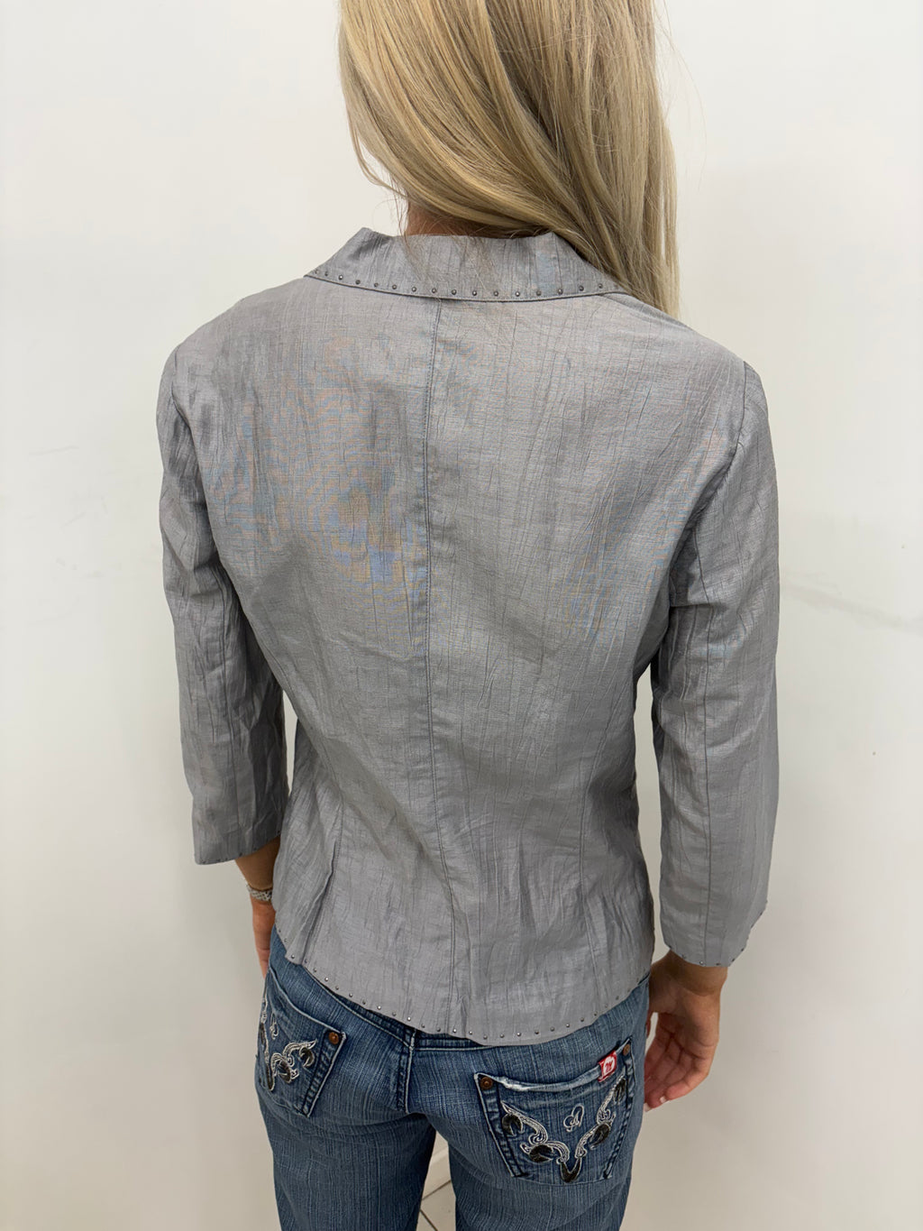 Grey Crinkled Hook-Front Top with Stud Trim
