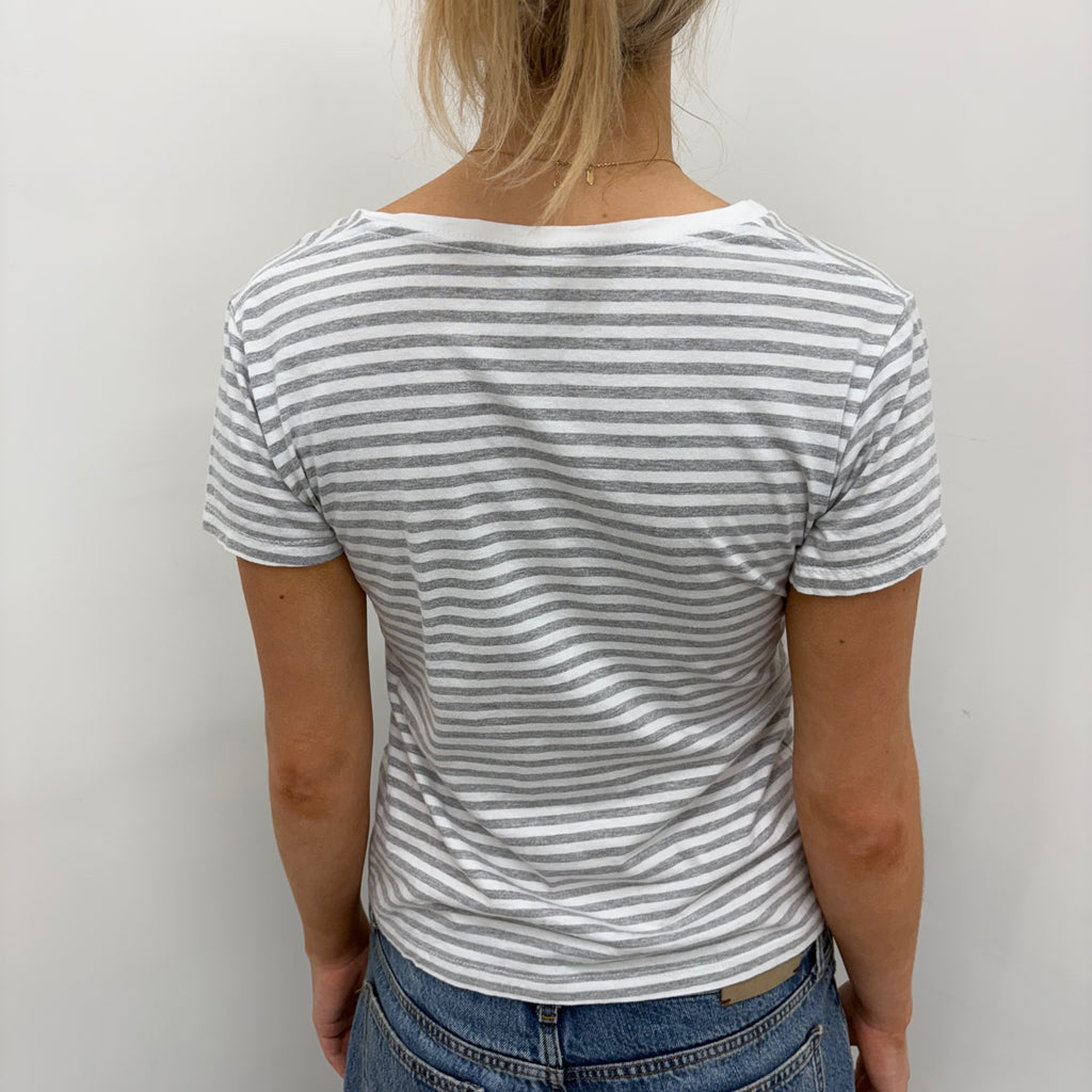 Grey & White Striped  V-Neck Tee