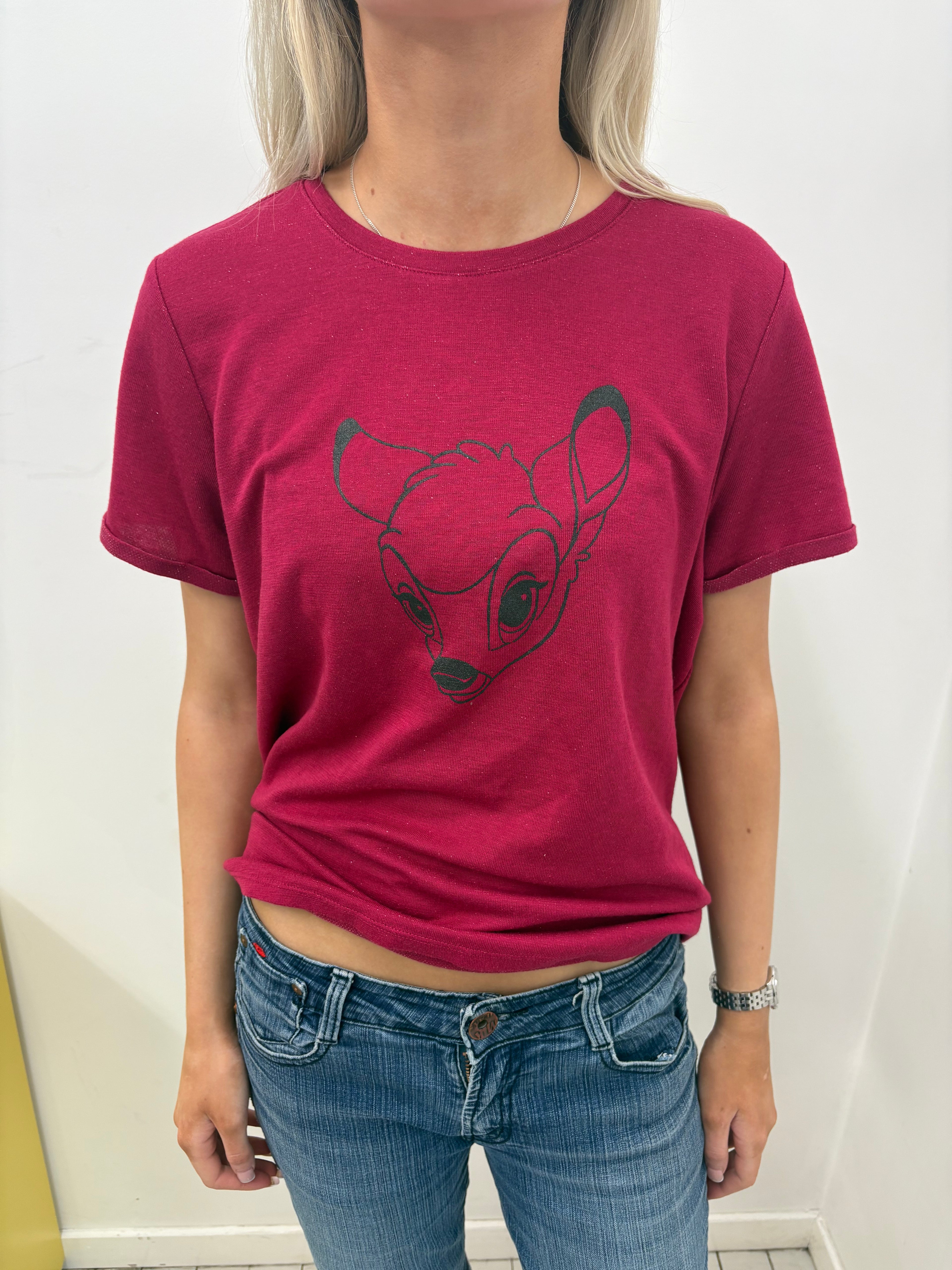 Burgundy T-Shirt with Cartoon Deer Graphic