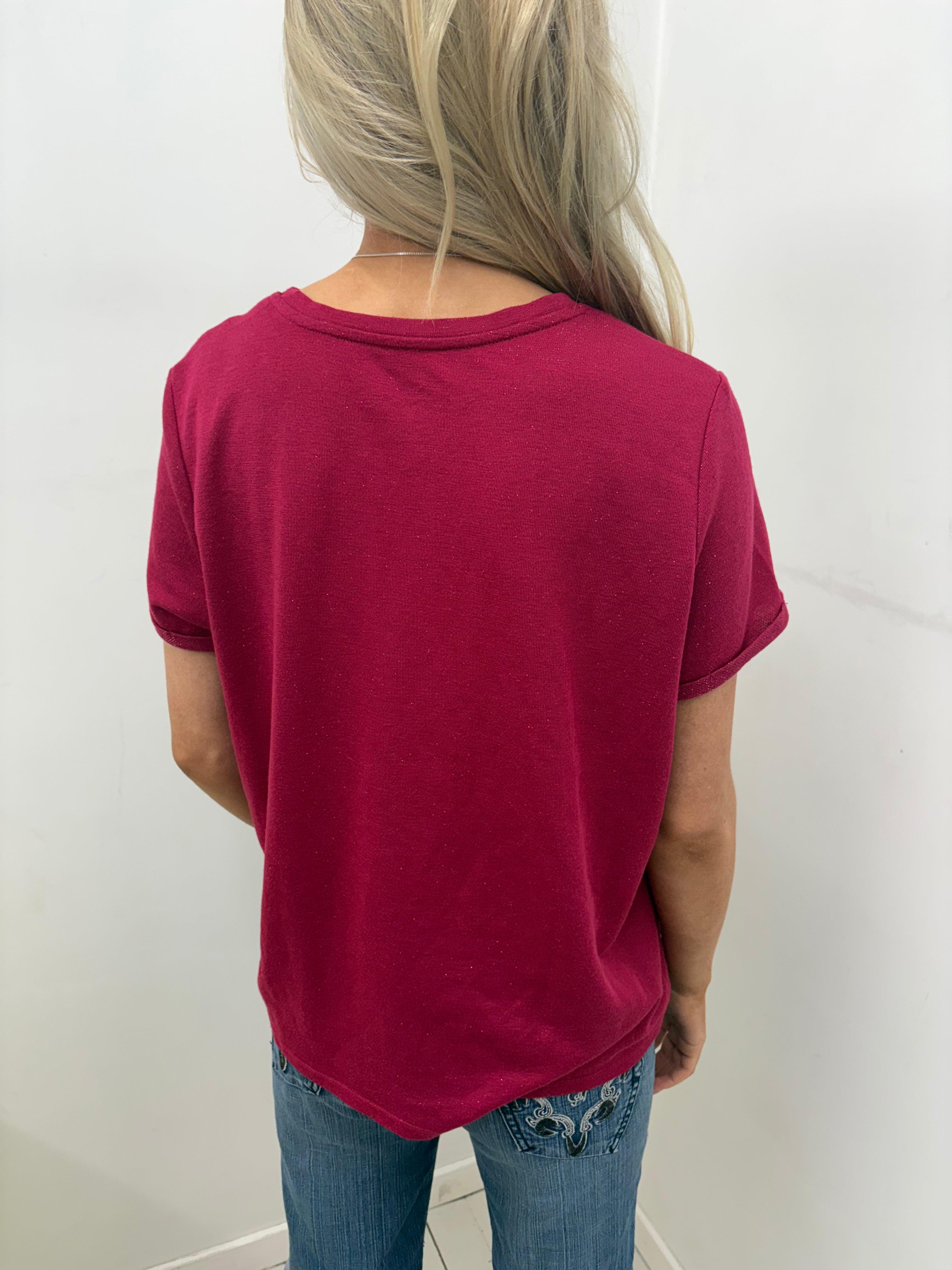 Burgundy T-Shirt with Cartoon Deer Graphic