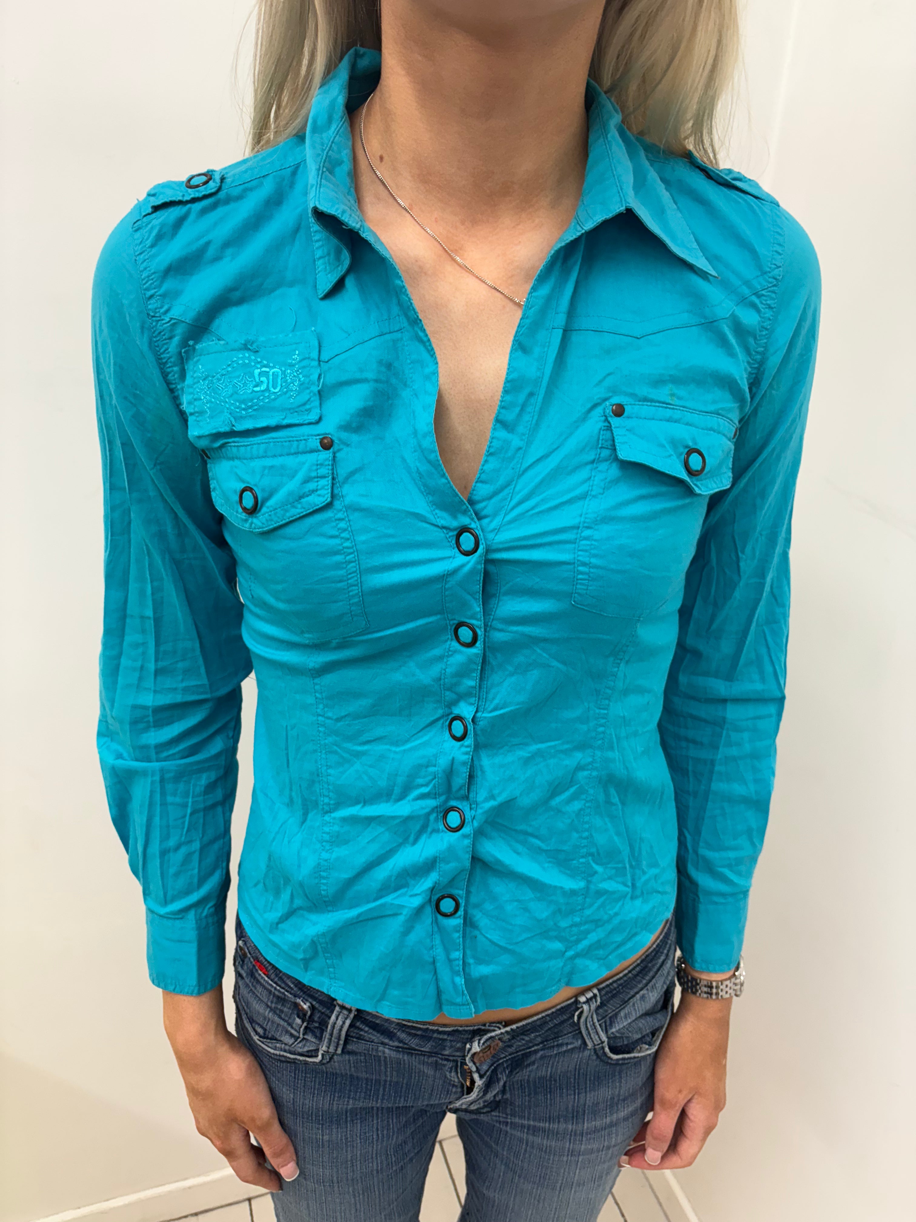 Turquoise Military-Style Button-Up Shirt with Pockets