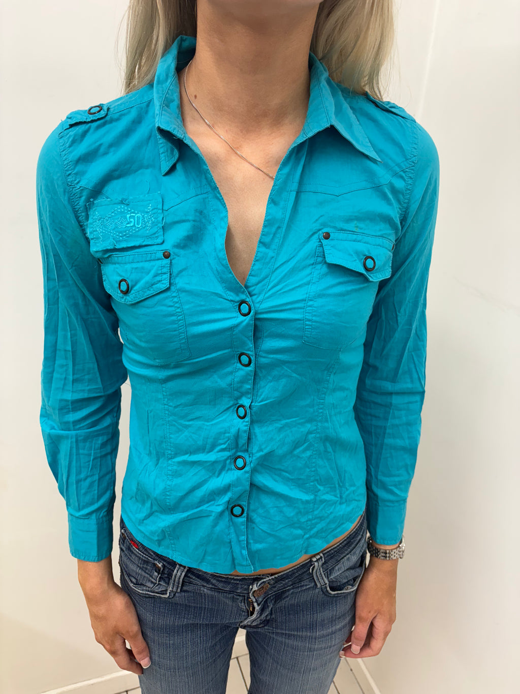 Turquoise Military-Style Button-Up Shirt with Pockets