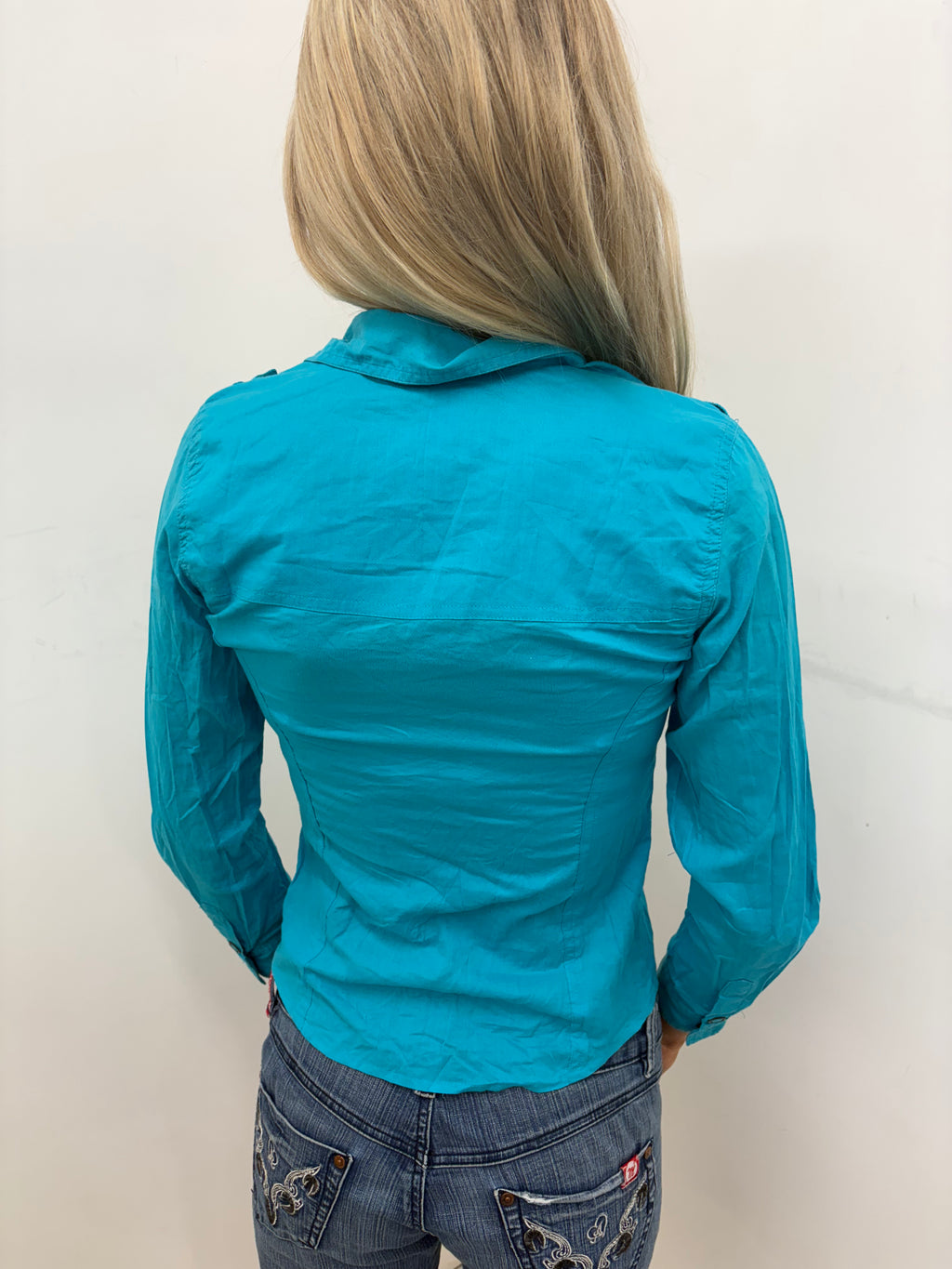 Turquoise Military-Style Button-Up Shirt with Pockets