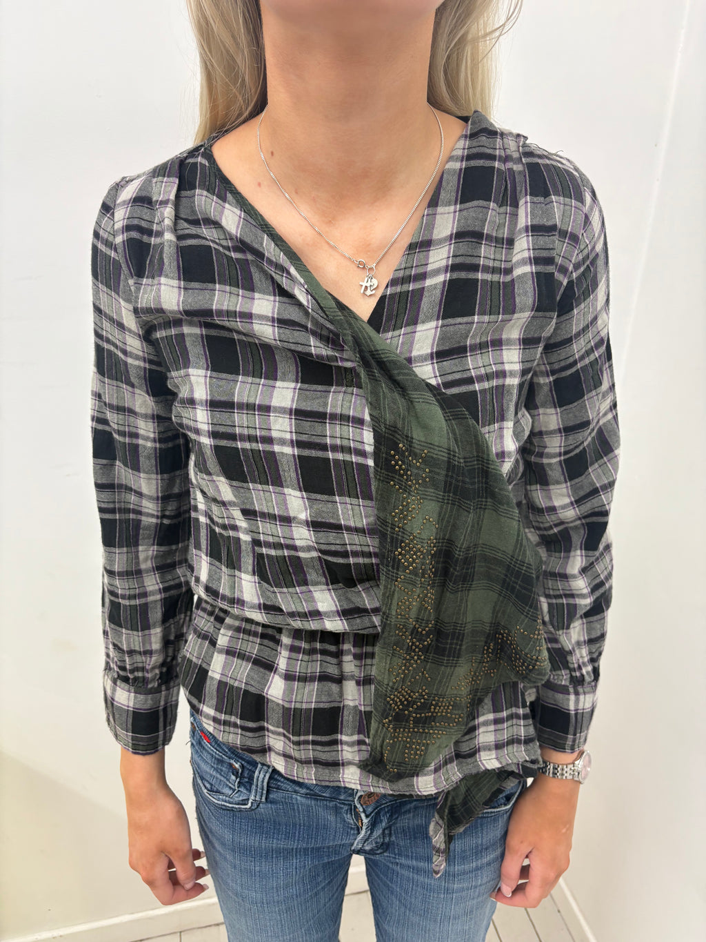 Plaid Wrap Top with Studded Sash Detail
