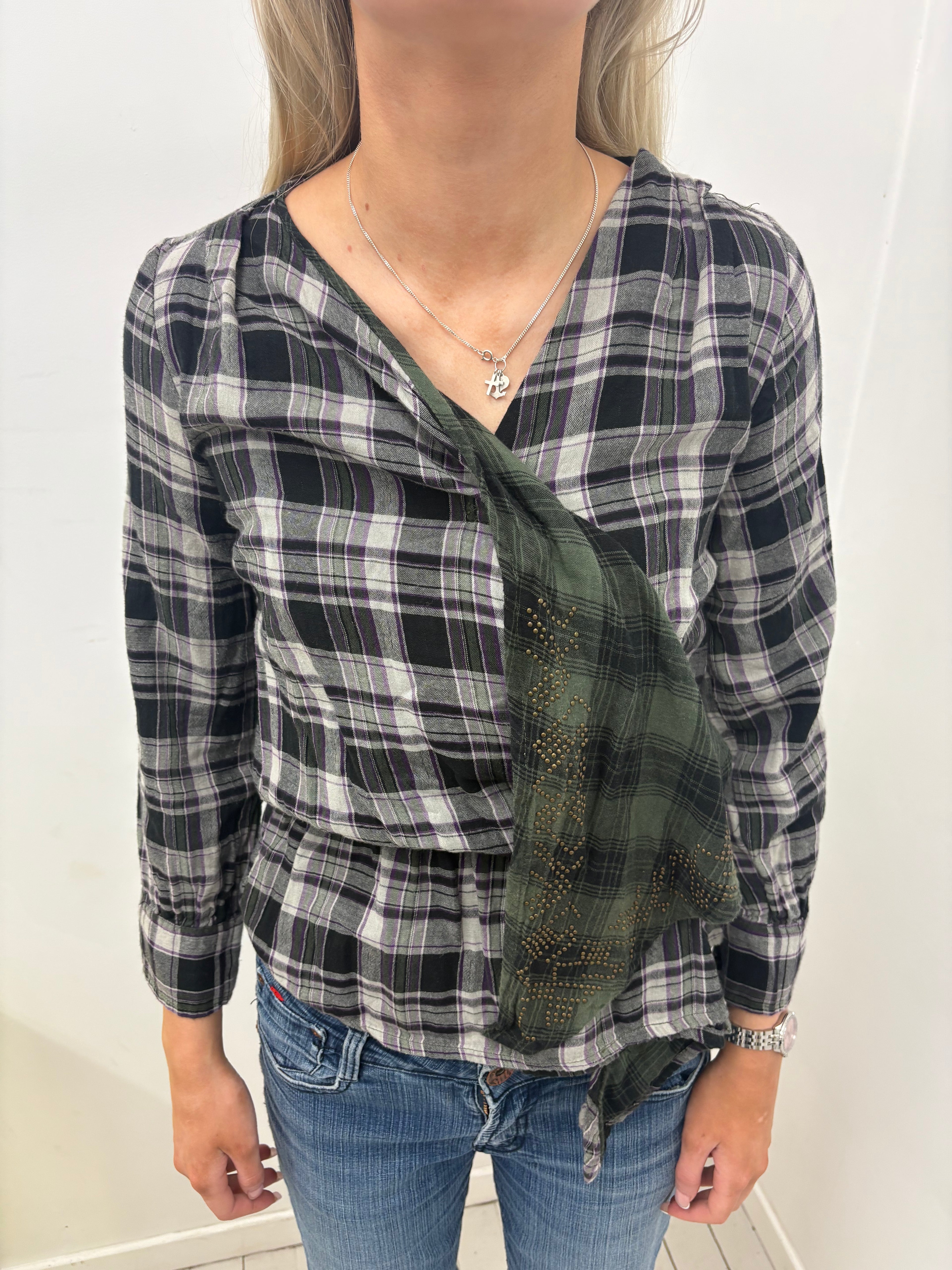 Plaid Wrap Top with Studded Sash Detail