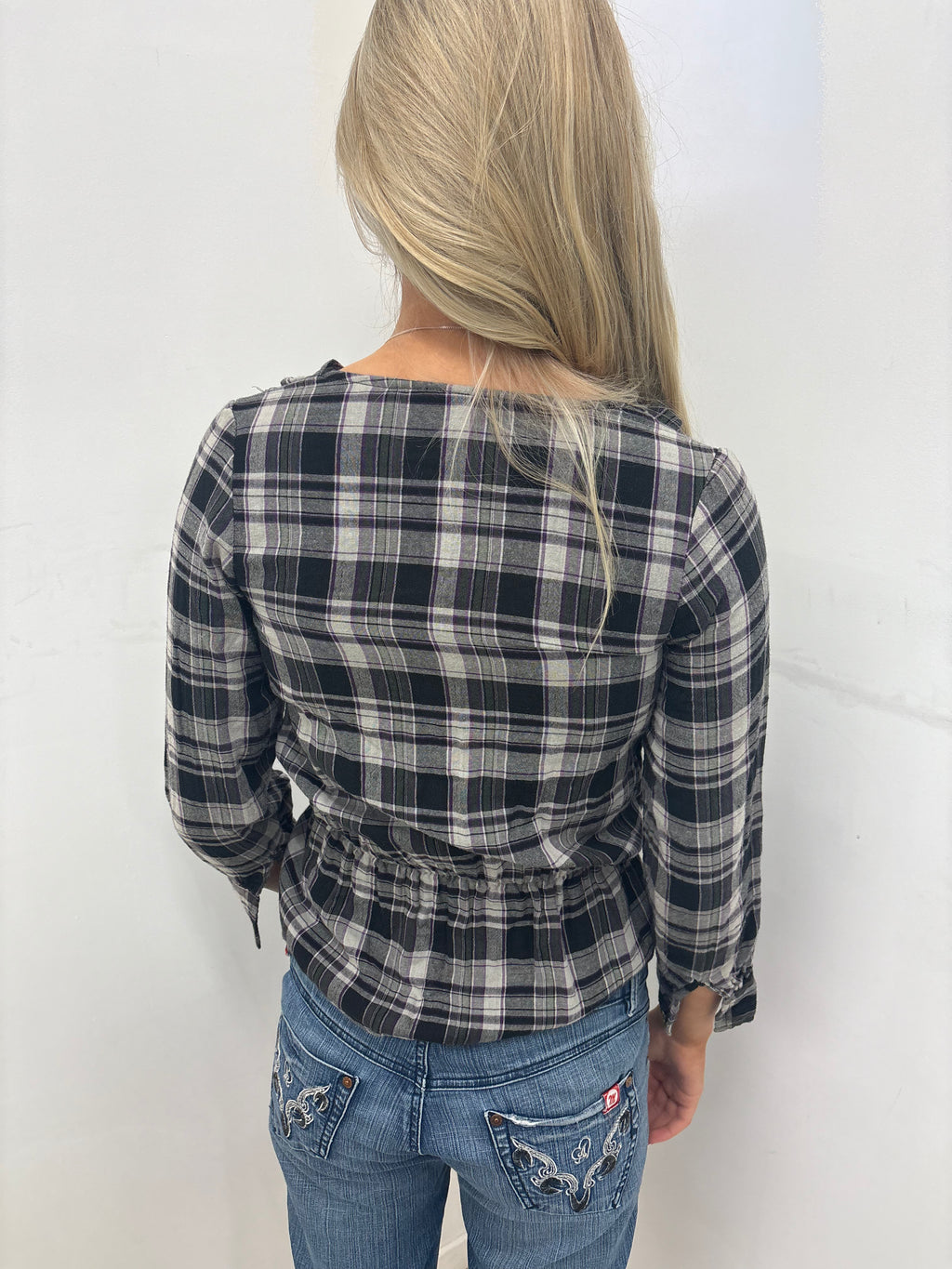 Plaid Wrap Top with Studded Sash Detail