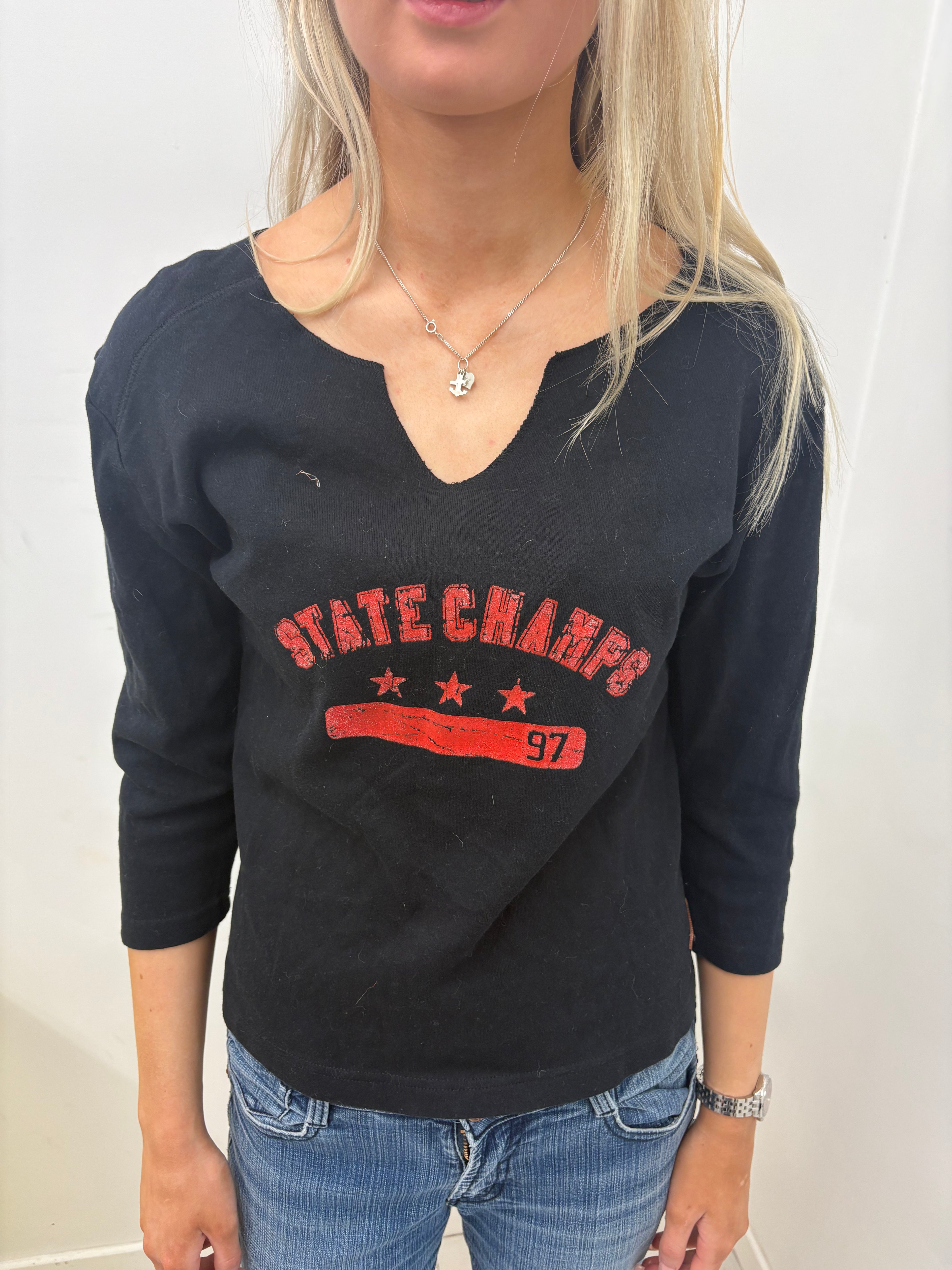 Black "State Champs" Graphic Top with Notch Neck