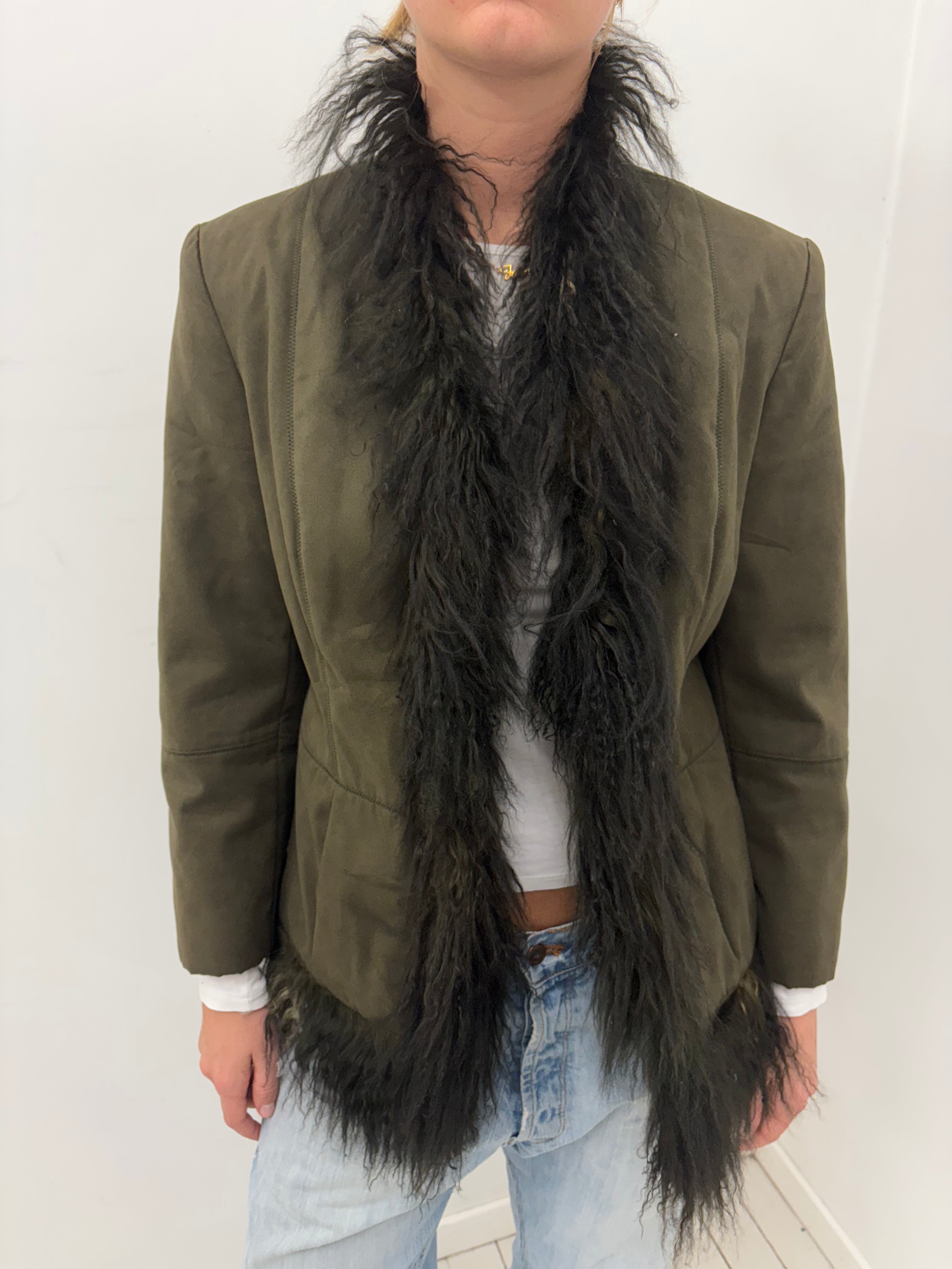 Olive Suede Jacket with Black Fur Trim