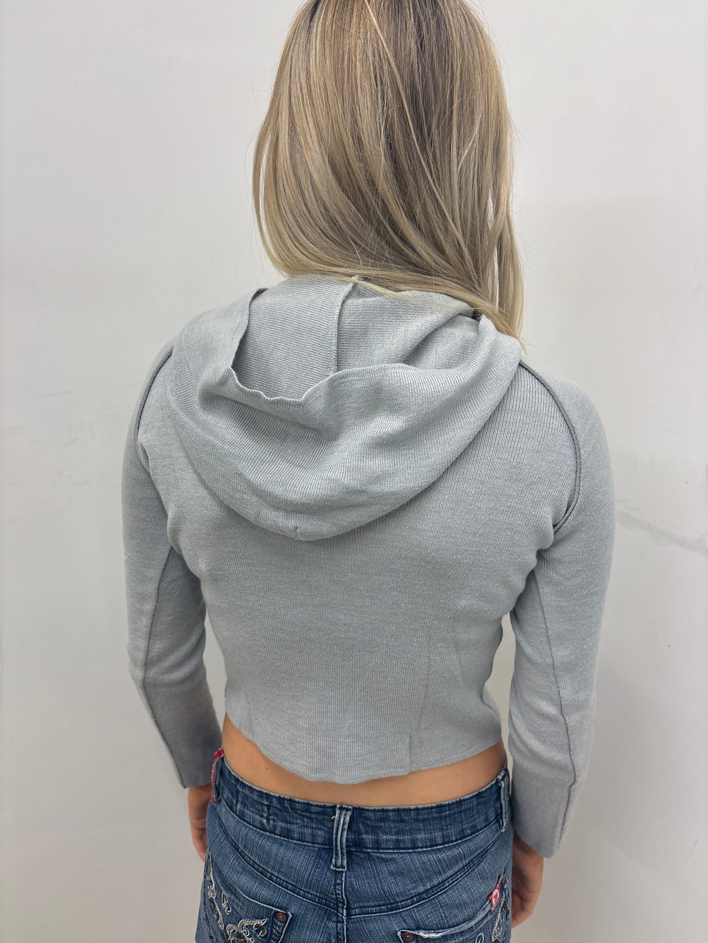 Grey Knit Hooded Crop Top with Long Sleeves