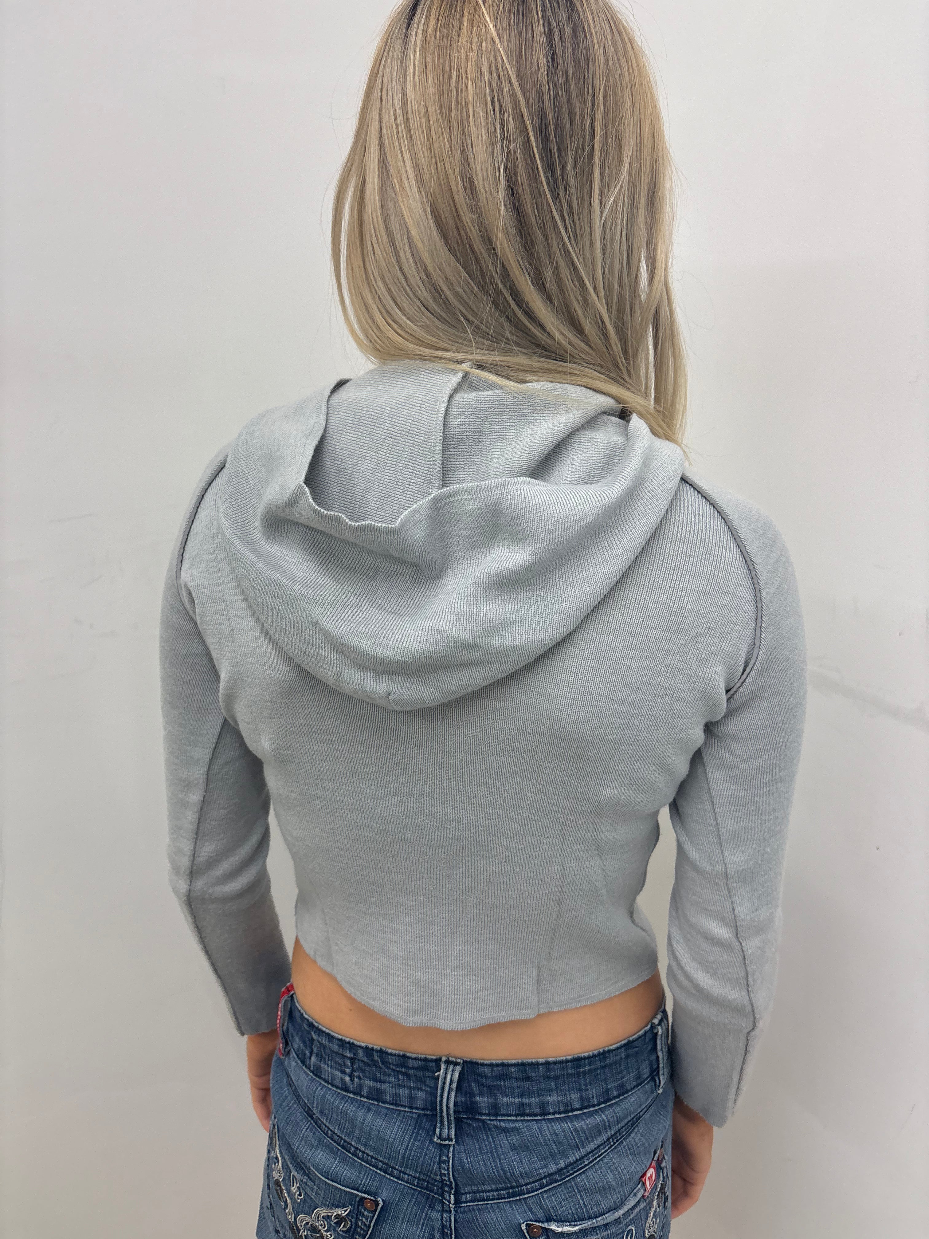 Grey Knit Hooded Crop Top with Long Sleeves