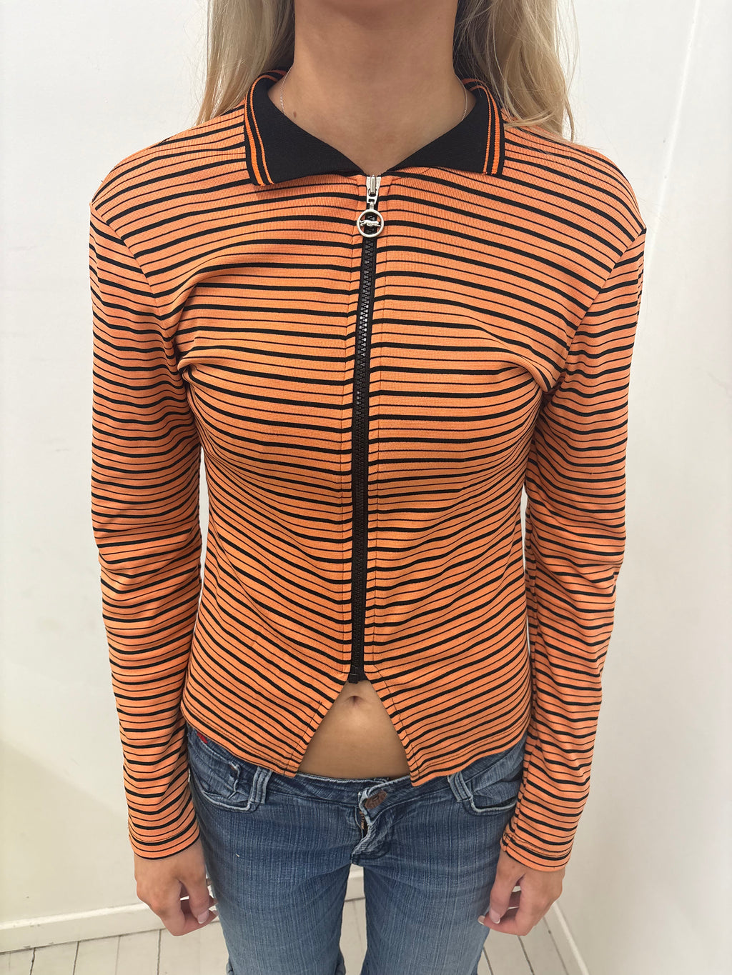 Orange Striped Zip-Up Top with Collar