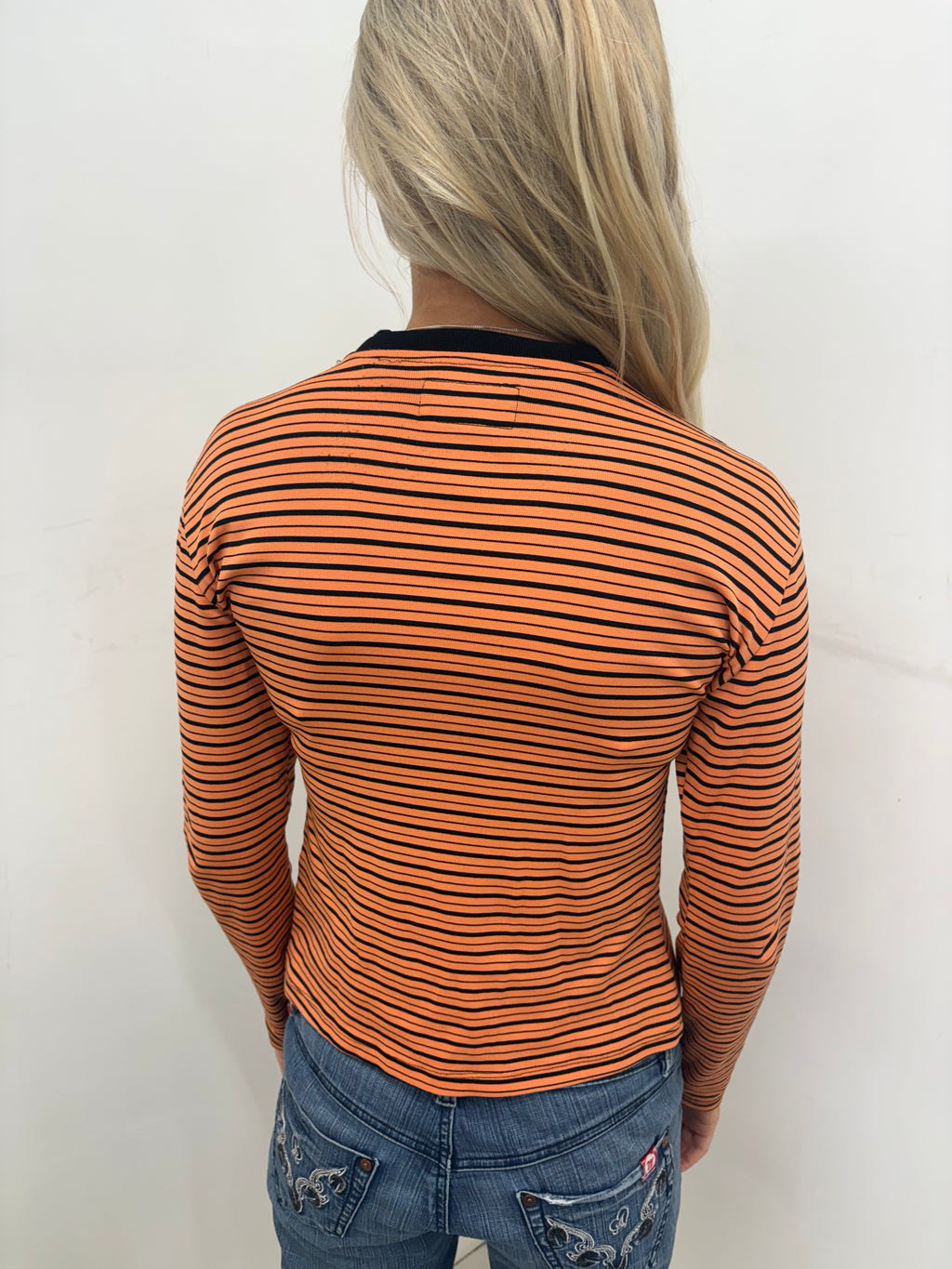 Orange Striped Zip-Up Top with Collar