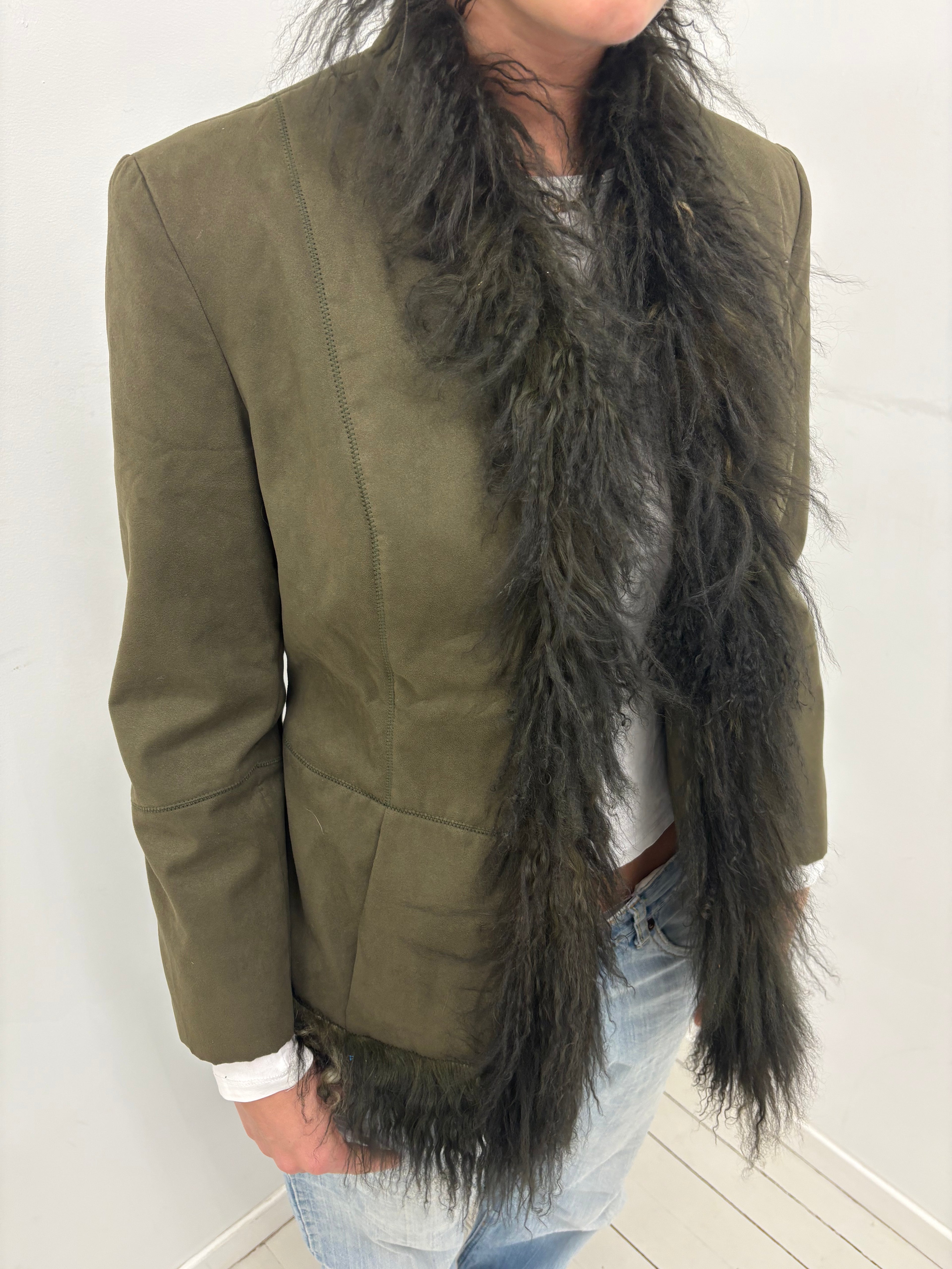 Olive Suede Jacket with Black Fur Trim
