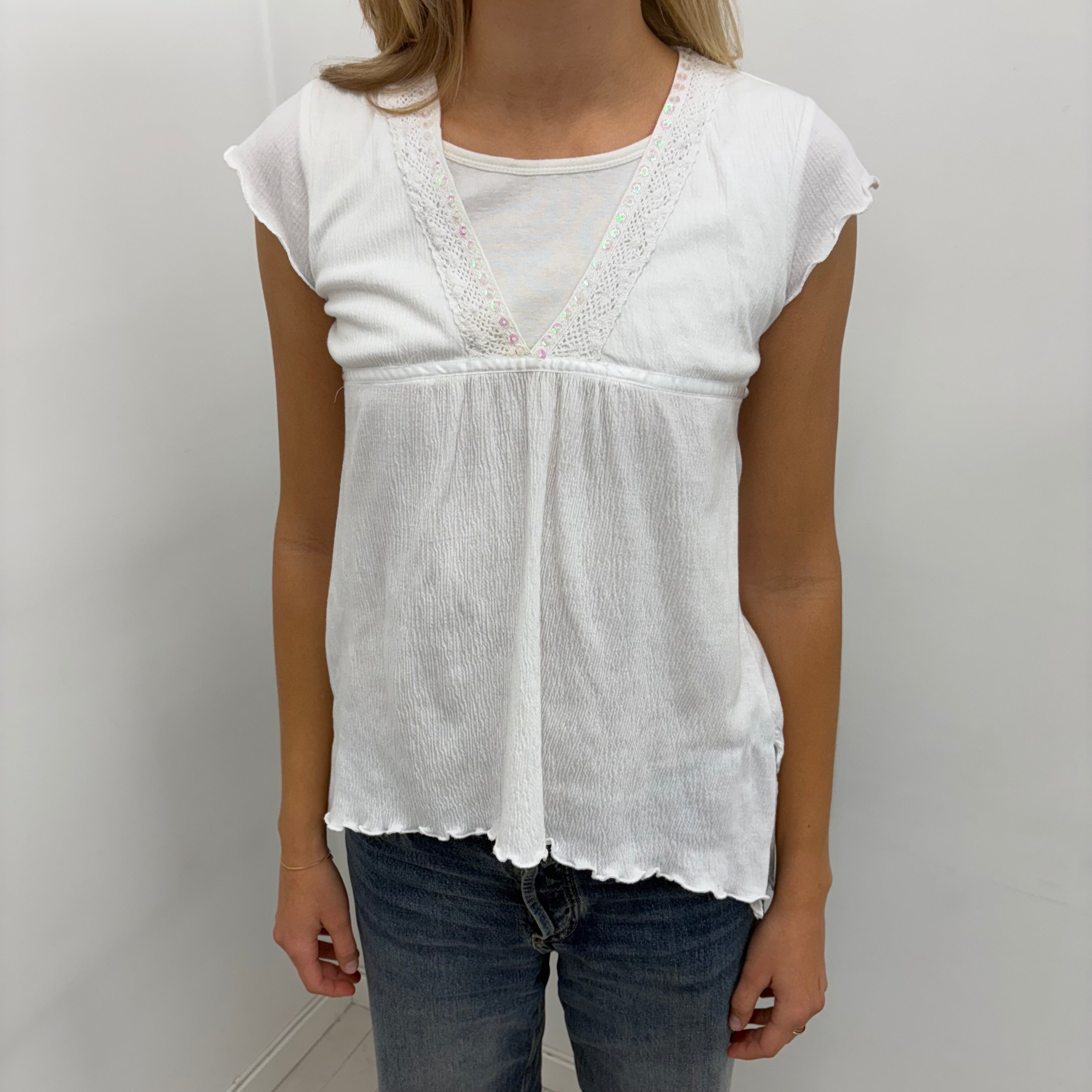 White Rhinestone Babydoll Blouse