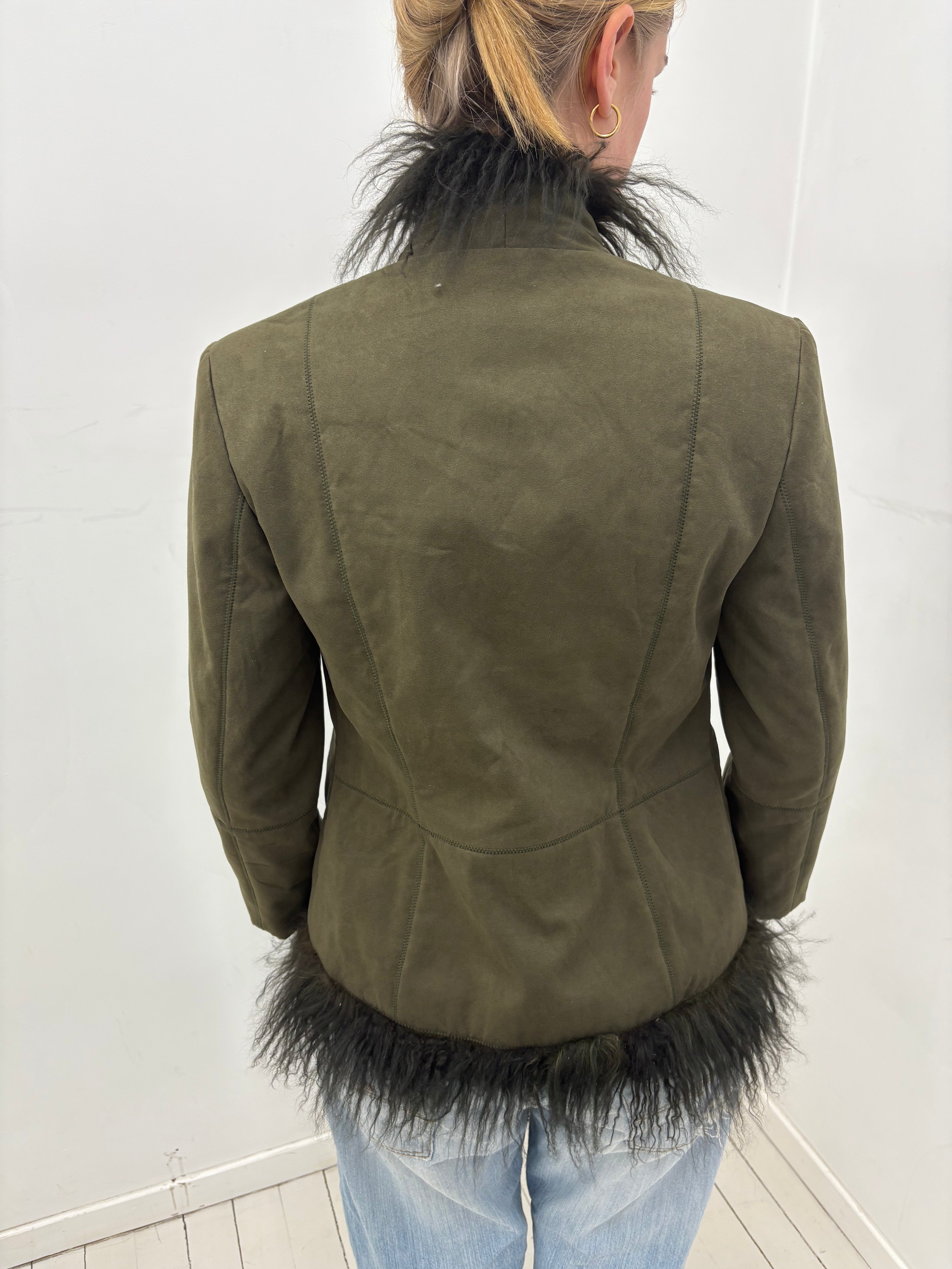 Olive Suede Jacket with Black Fur Trim