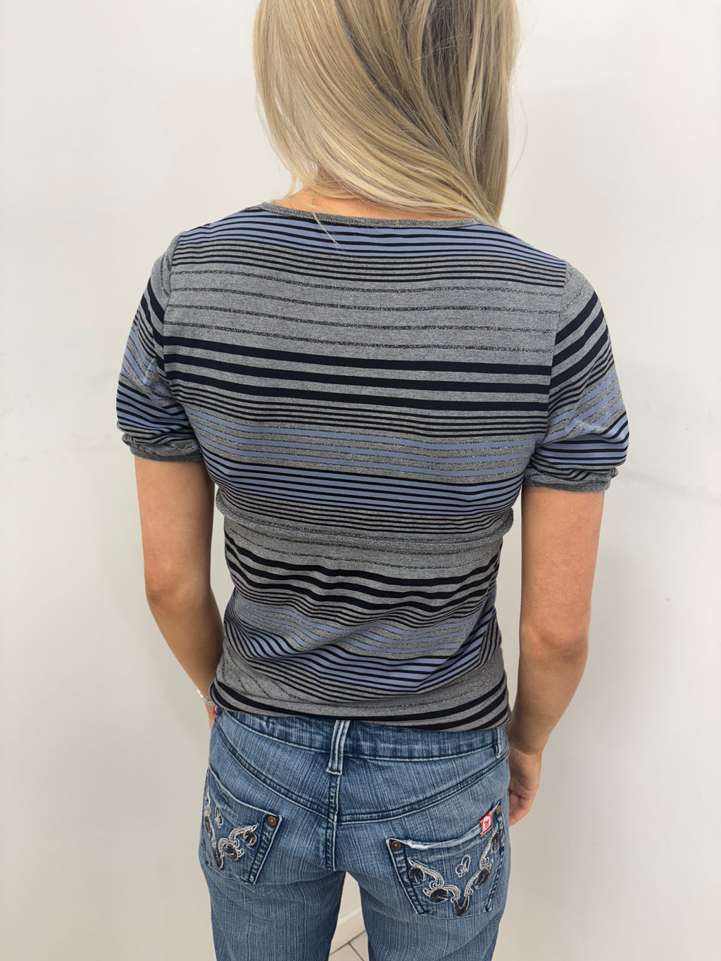 Grey & Blue Striped Deep V-Neck Top with Lace Trim