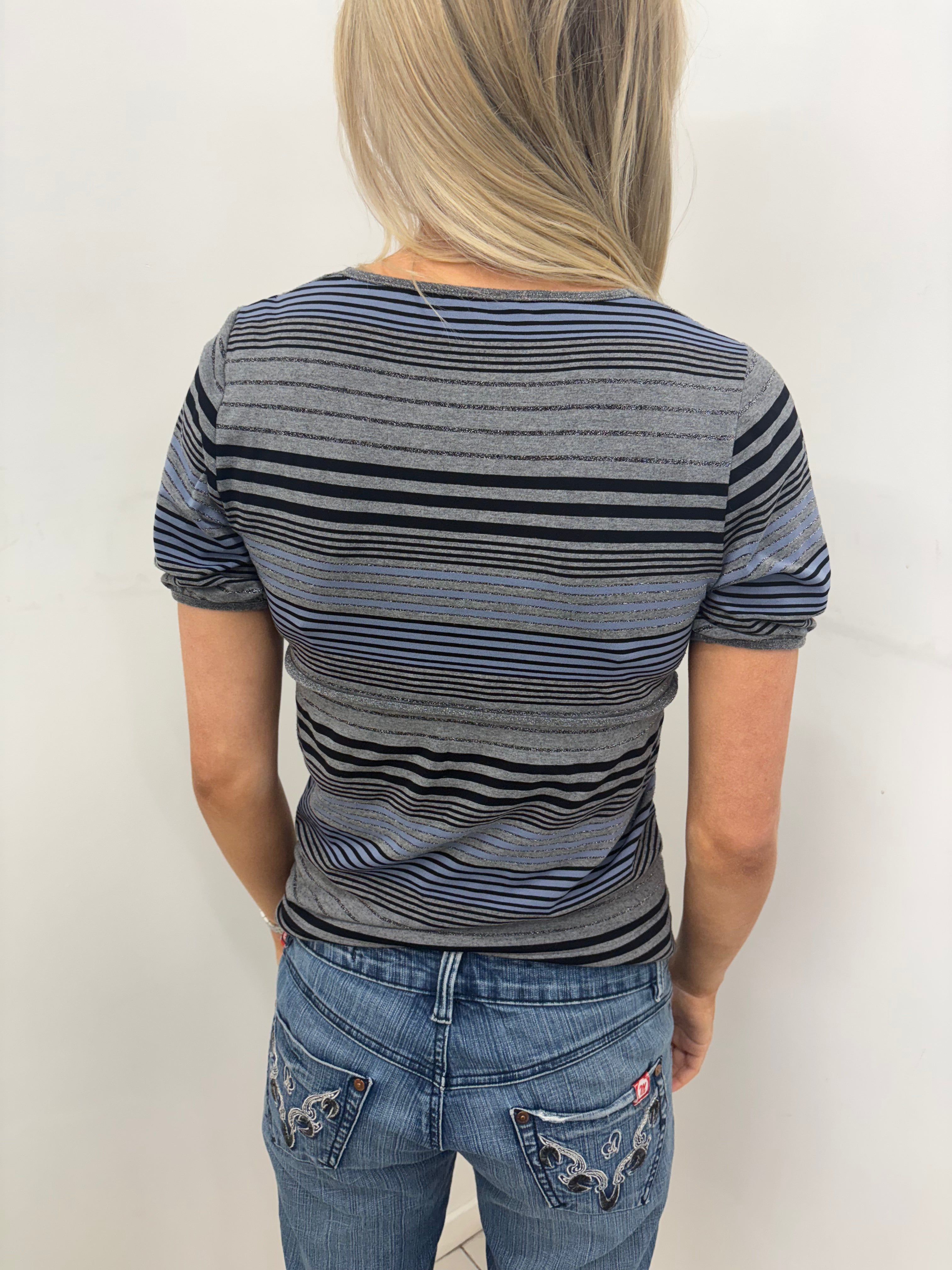 Grey & Blue Striped Deep V-Neck Top with Lace Trim