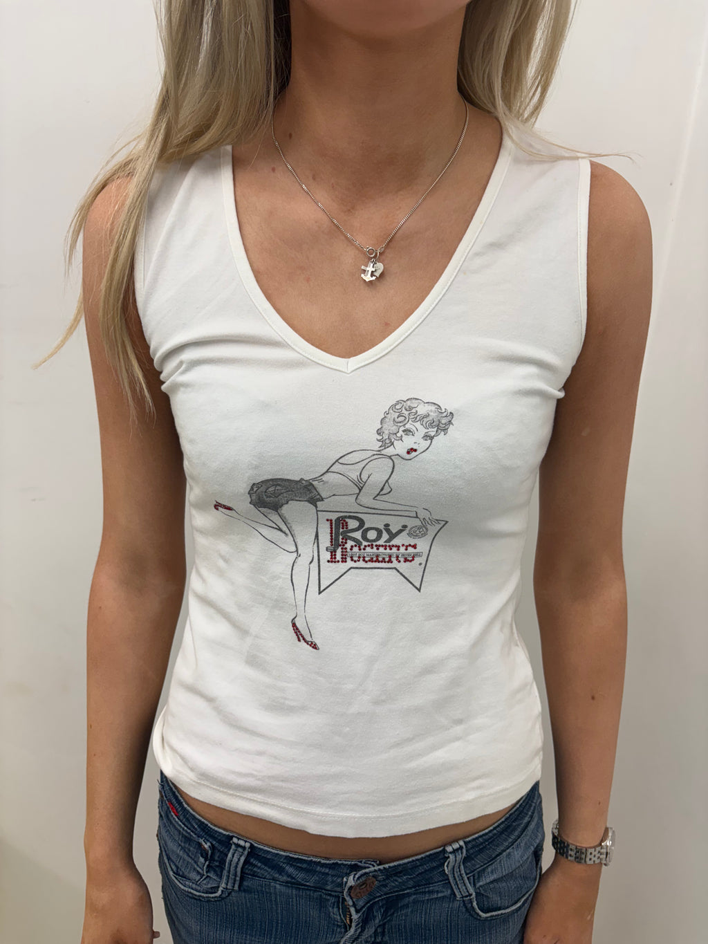 White V-Neck Tank with Pin-Up Girl Rhinestone Graphic