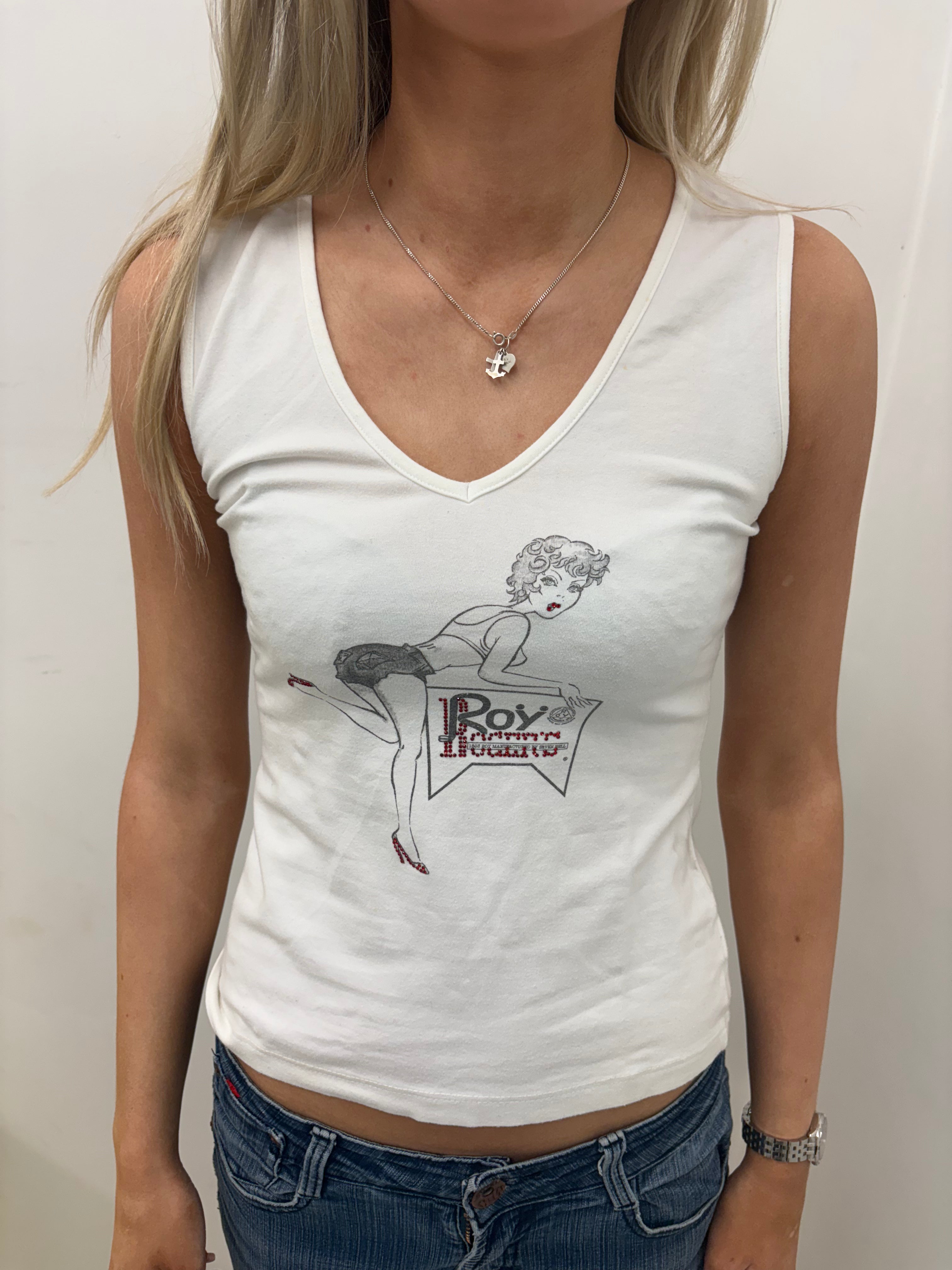 White V-Neck Tank with Pin-Up Girl Rhinestone Graphic