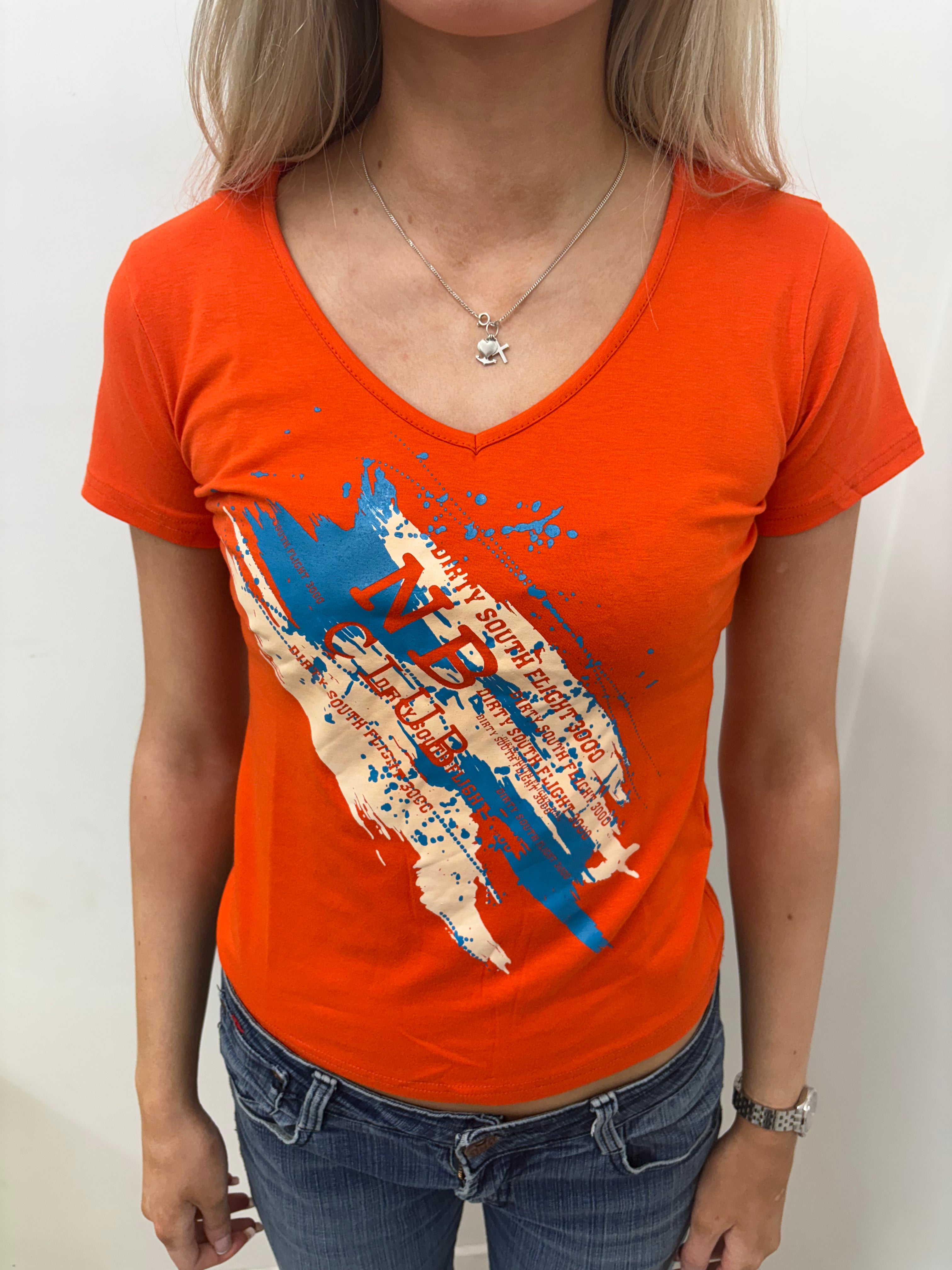 Orange V-Neck Tee with Blue Paint Splash Graphic