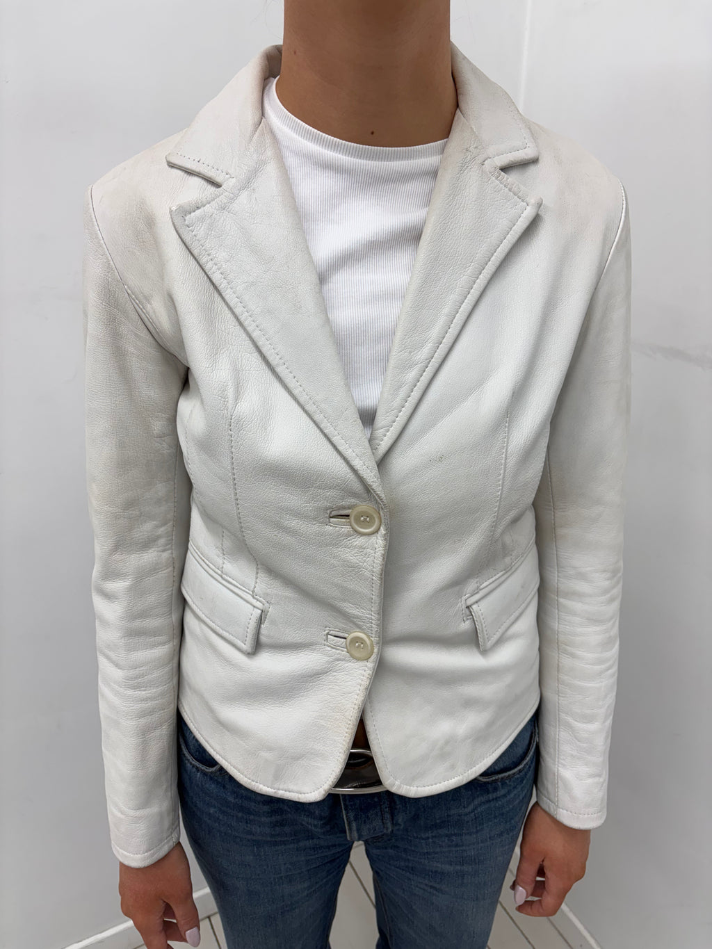 White Fitted Leather Blazer