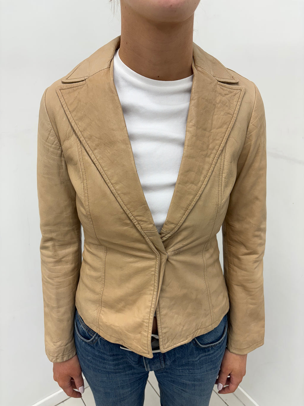 Beige Fitted Leather Blazer