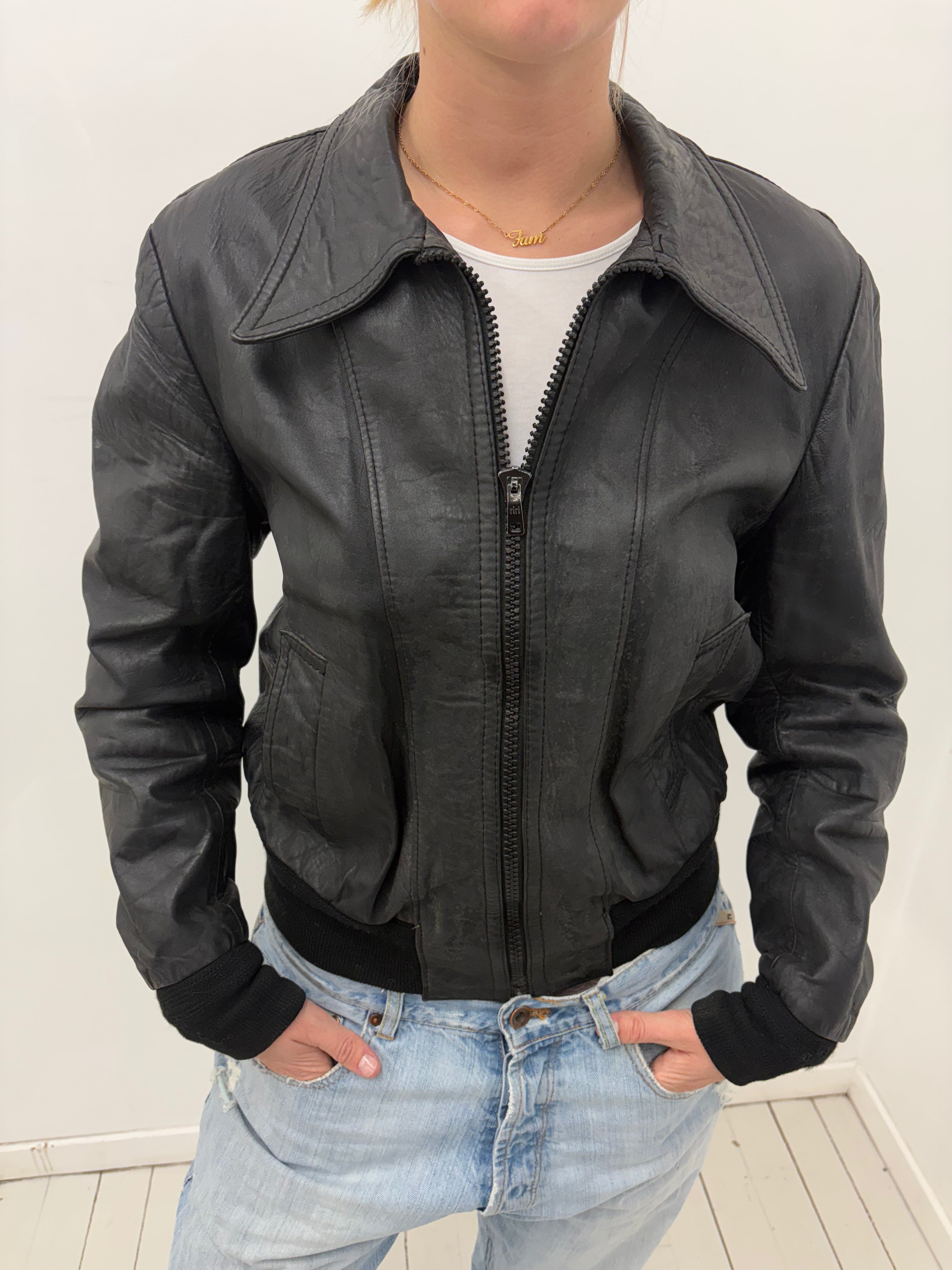Black Leather Bomber Jacket