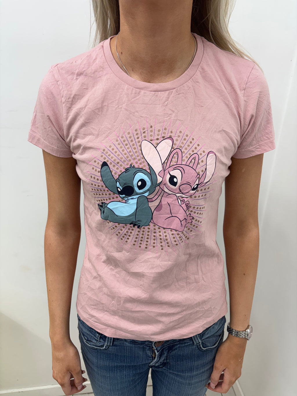 Pink Graphic Tee with Blue and Pink Disney Characters